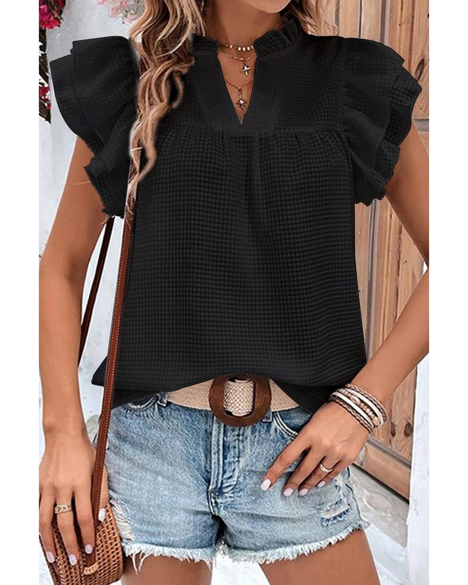 Azura Exchange Ruffle Flutter Sleeve Notch Neck Top - L Main image