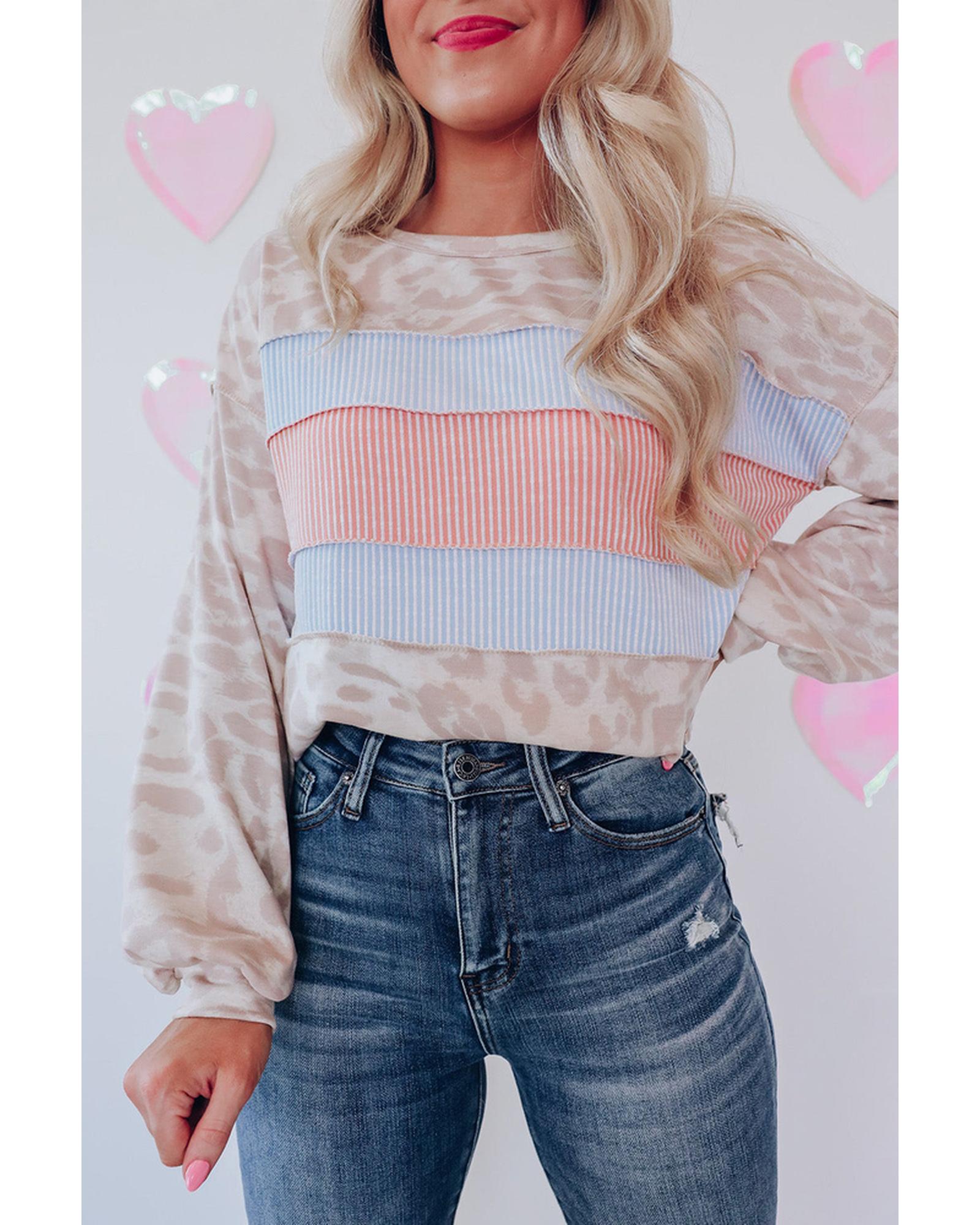 Azura Exchange Contrast Stripes Patchwork Puff Sleeve Knit Top - L Main image