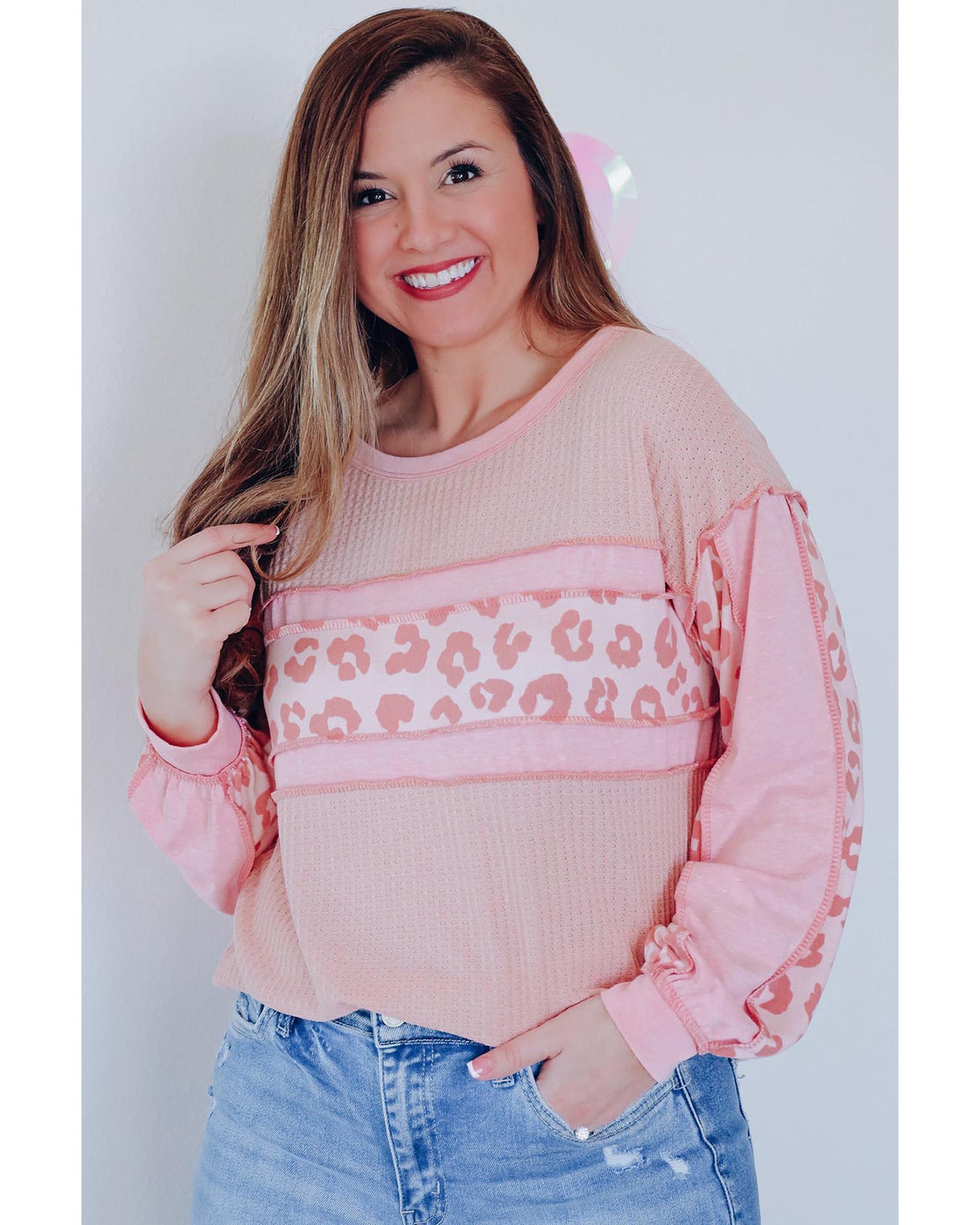 Azura Exchange Leopard Patchwork Waffle Knit Top - L