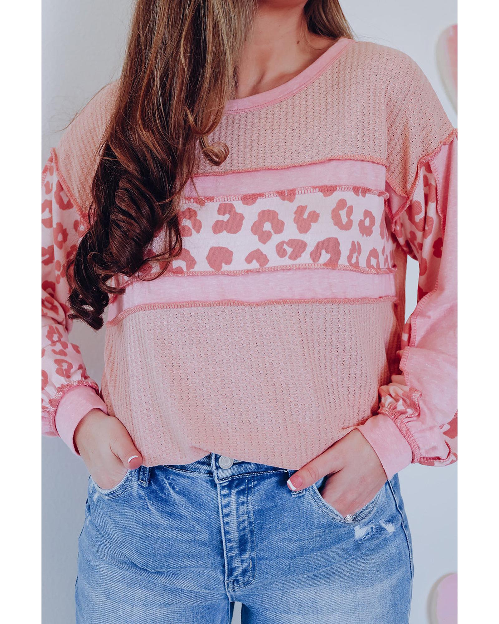 Azura Exchange Leopard Patchwork Waffle Knit Top - M Main image