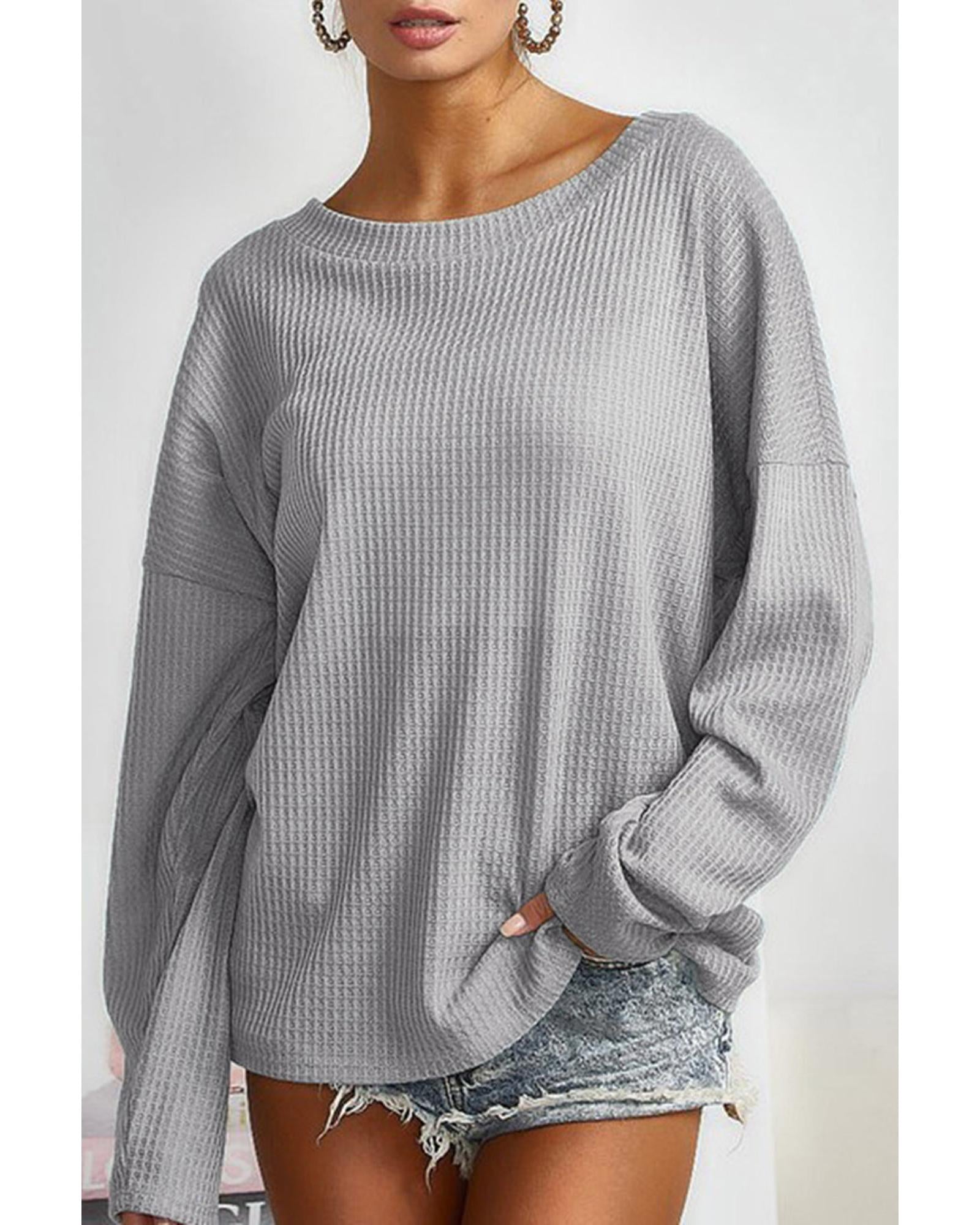 Azura Exchange Gray V Cut Drawstring Back Waffle Knit Top - L Main image