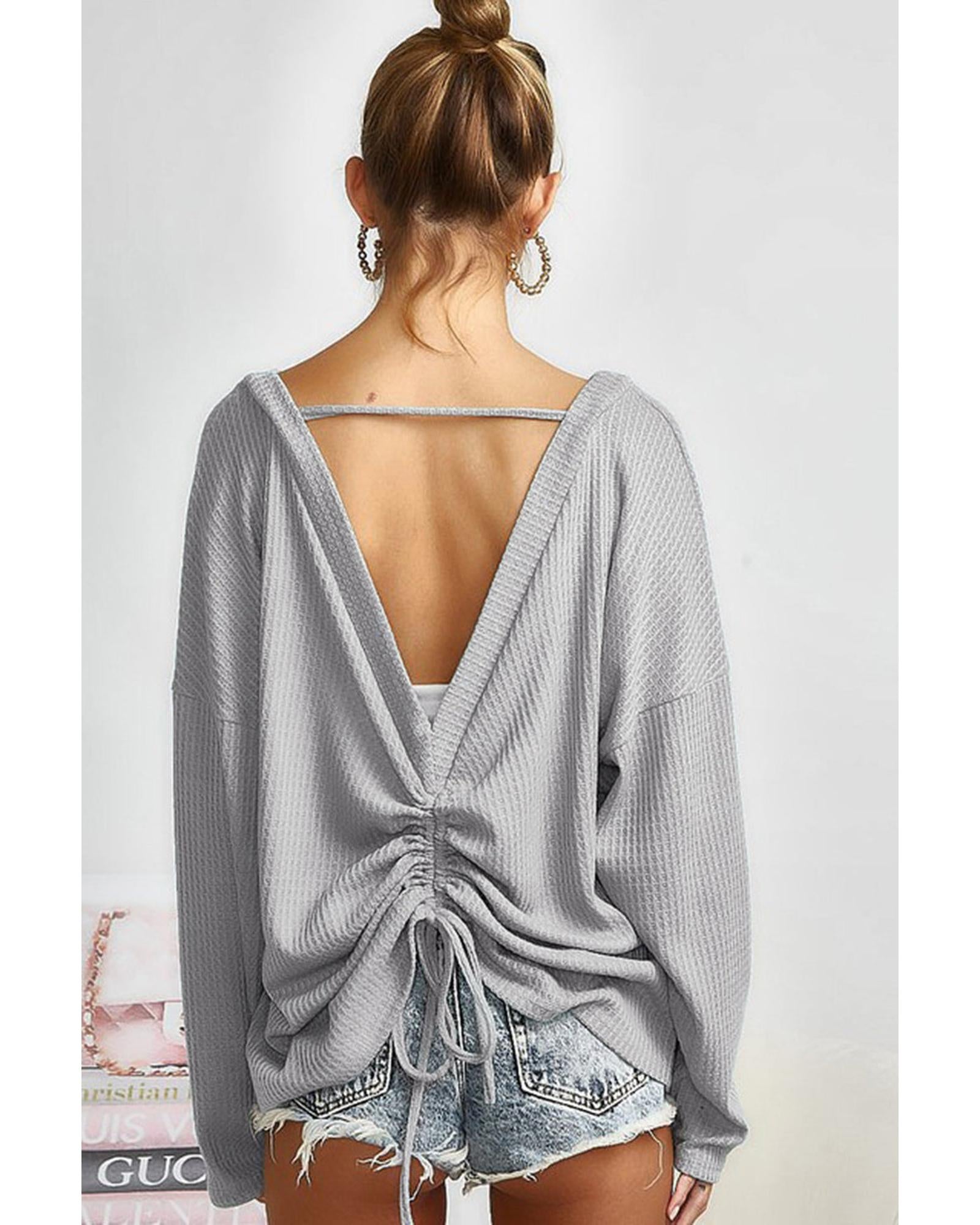 Azura Exchange Gray V Cut Drawstring Back Waffle Knit Top - XL Secondary image