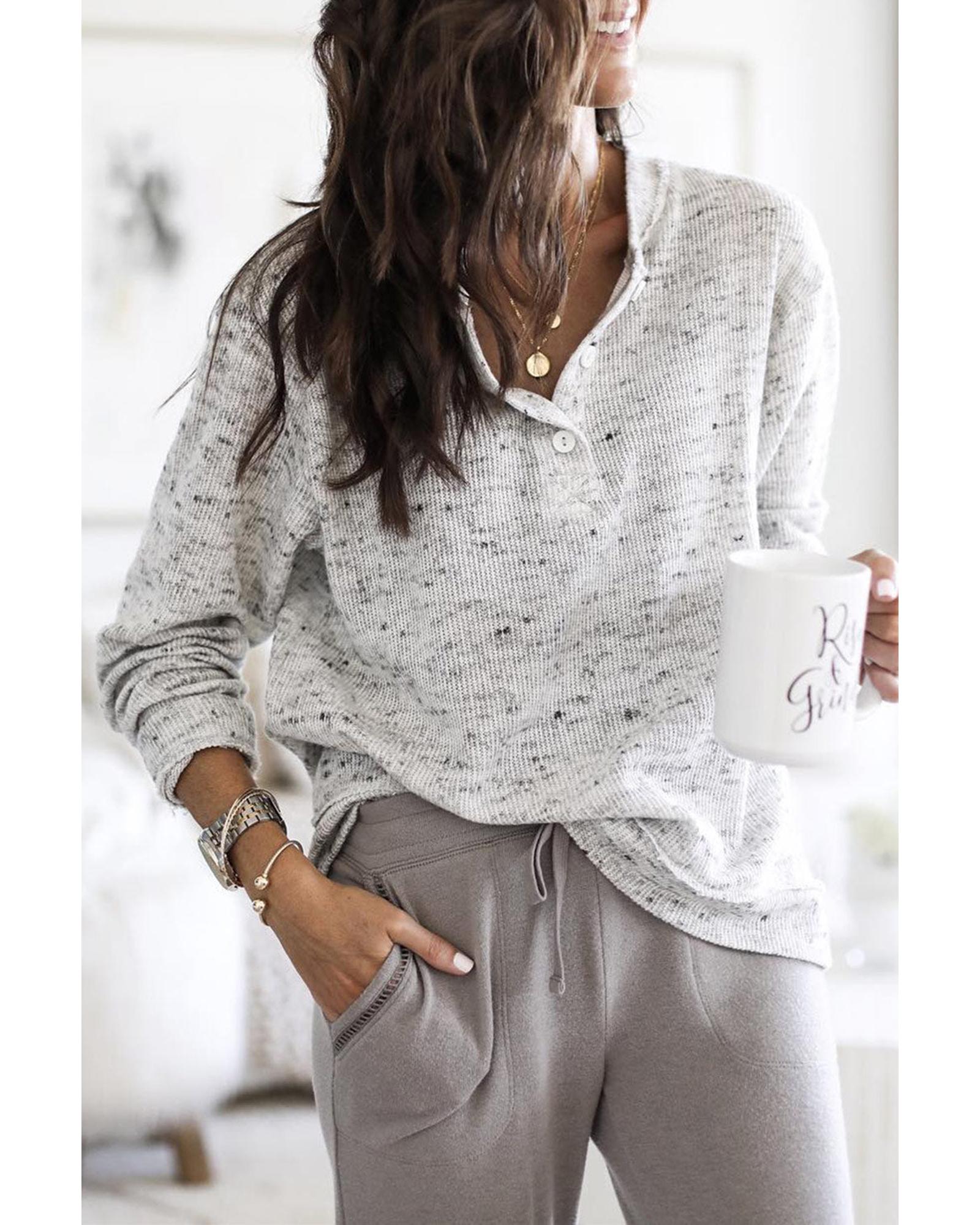 Azura Exchange Relaxed Rib Knit Long Sleeve Henley Top - L Main image