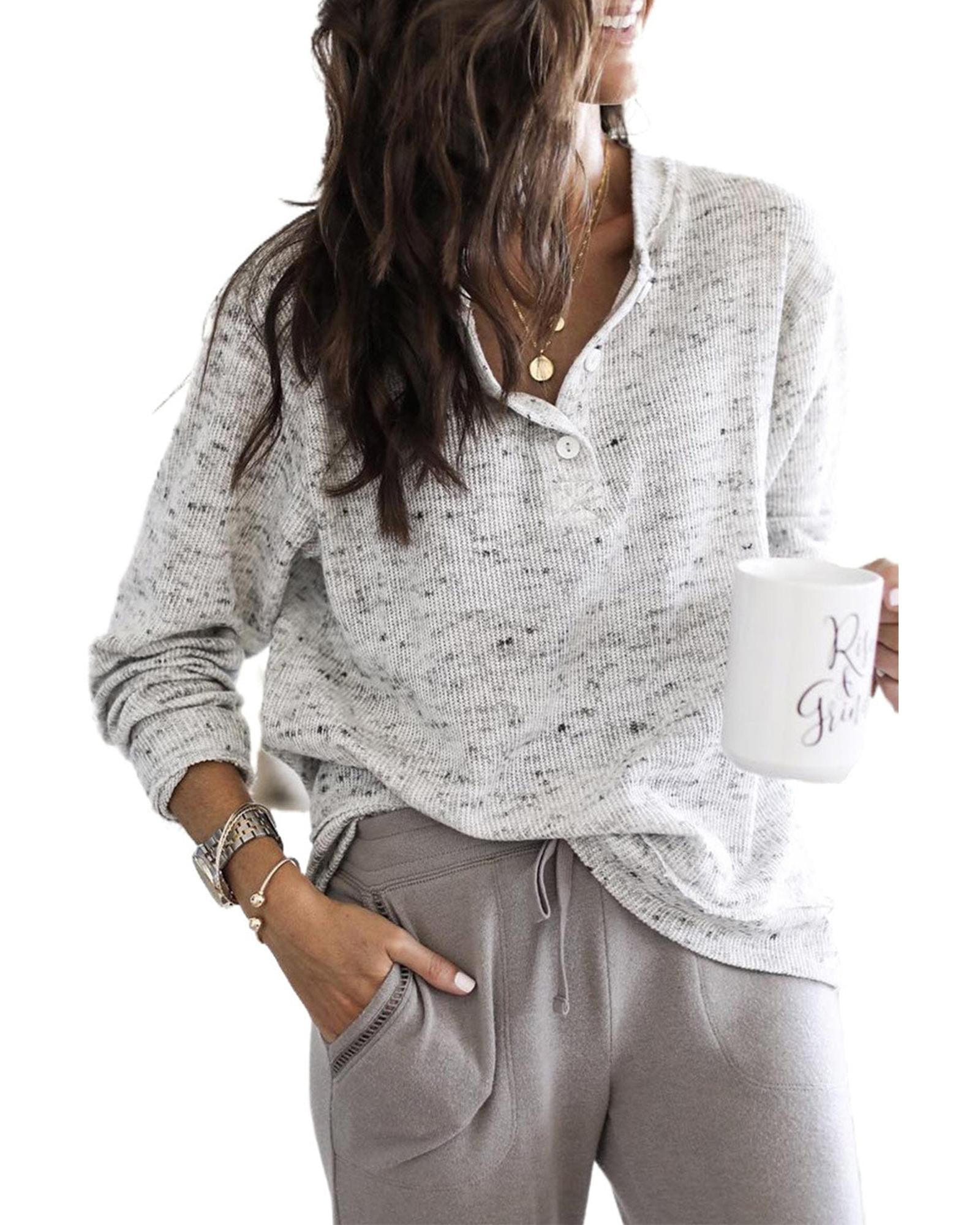 Azura Exchange Relaxed Rib Knit Long Sleeve Henley Top - S Secondary image
