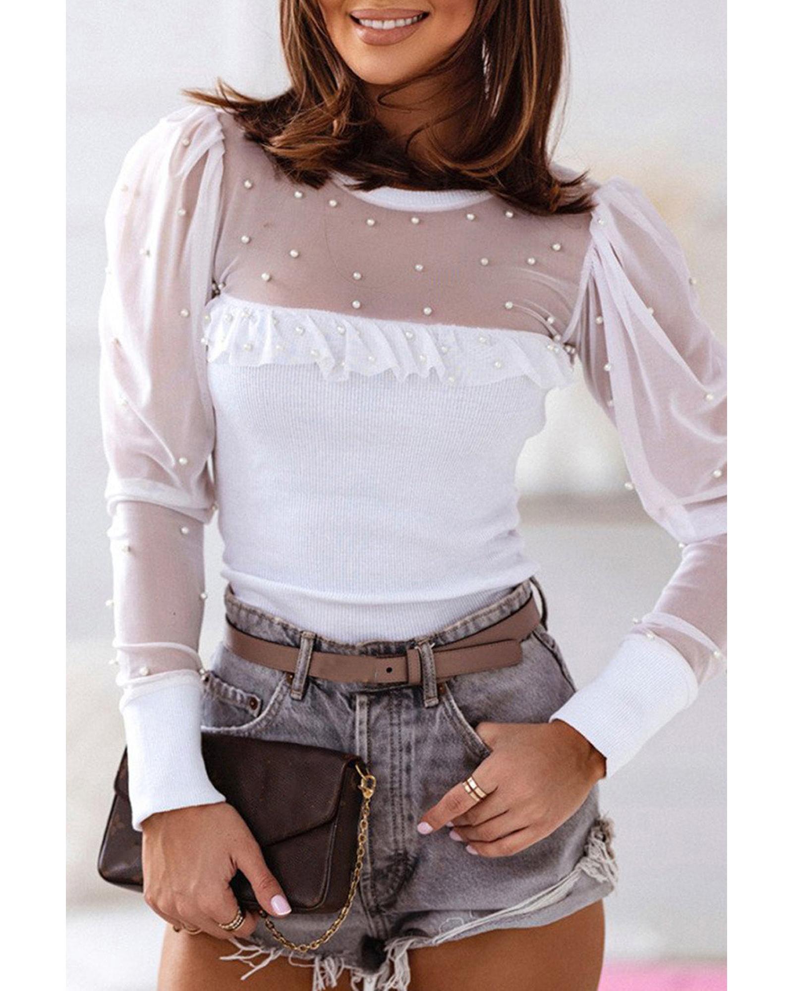 Azura Exchange Mesh Patchwork Ribbed Long Sleeve Top with Pearl Accents - S Main image