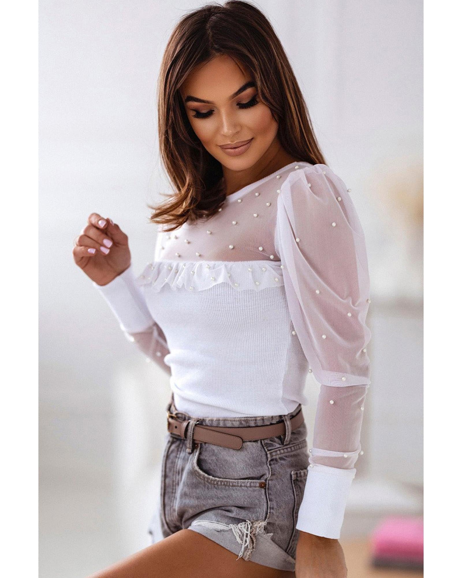 Azura Exchange Mesh Patchwork Ribbed Long Sleeve Top with Pearl Accents - S Secondary image