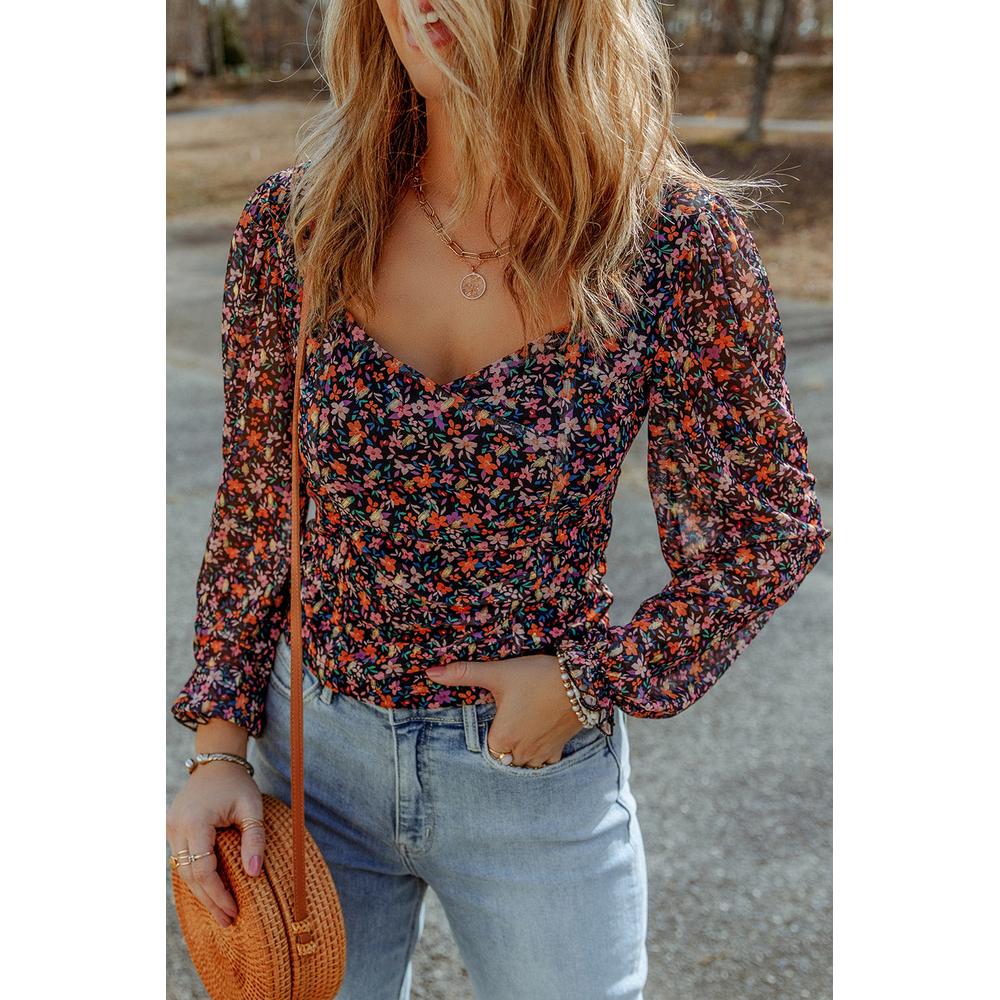 Azura Exchange V Neck Bubble Sleeve Floral Blouse - S Main image