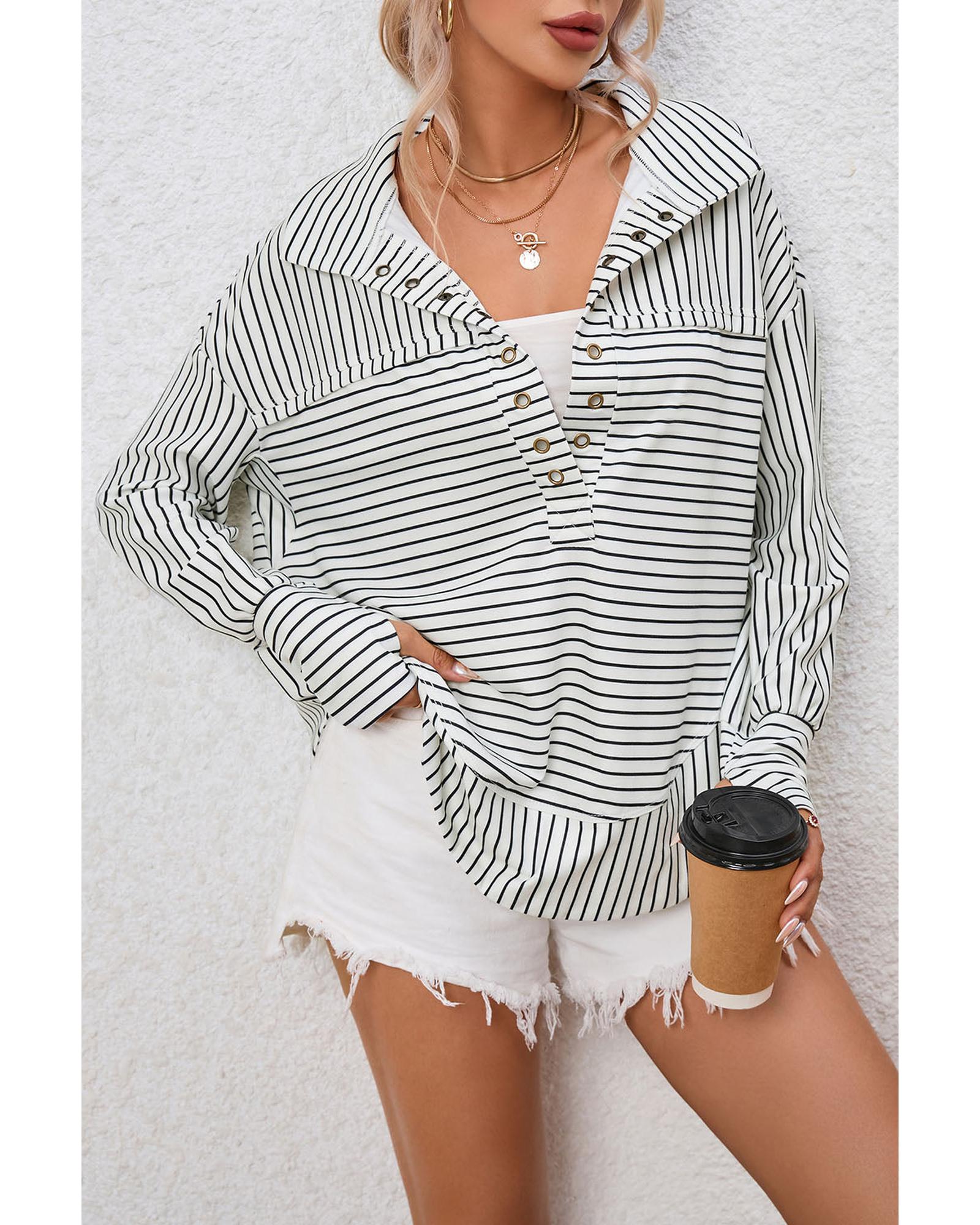 Azura Exchange Striped Thumbhole Drop Shoulder V Neck Top - L Main image
