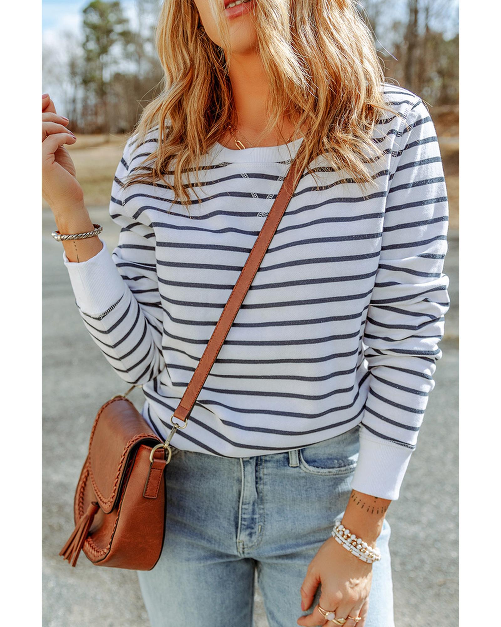 Azura Exchange Striped Print Ribbed Trim Long Sleeve Top - S Main image