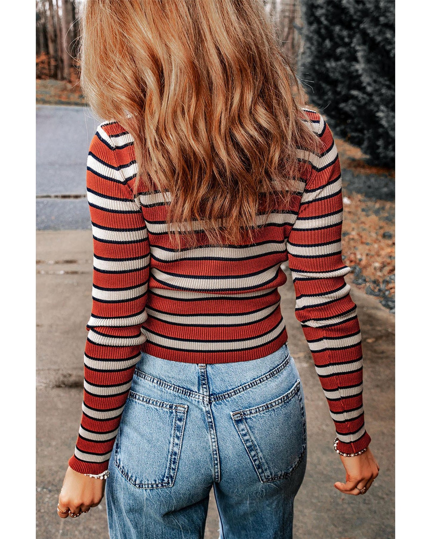 Azura Exchange Striped Ribbed Knit Slim Fit Top - L