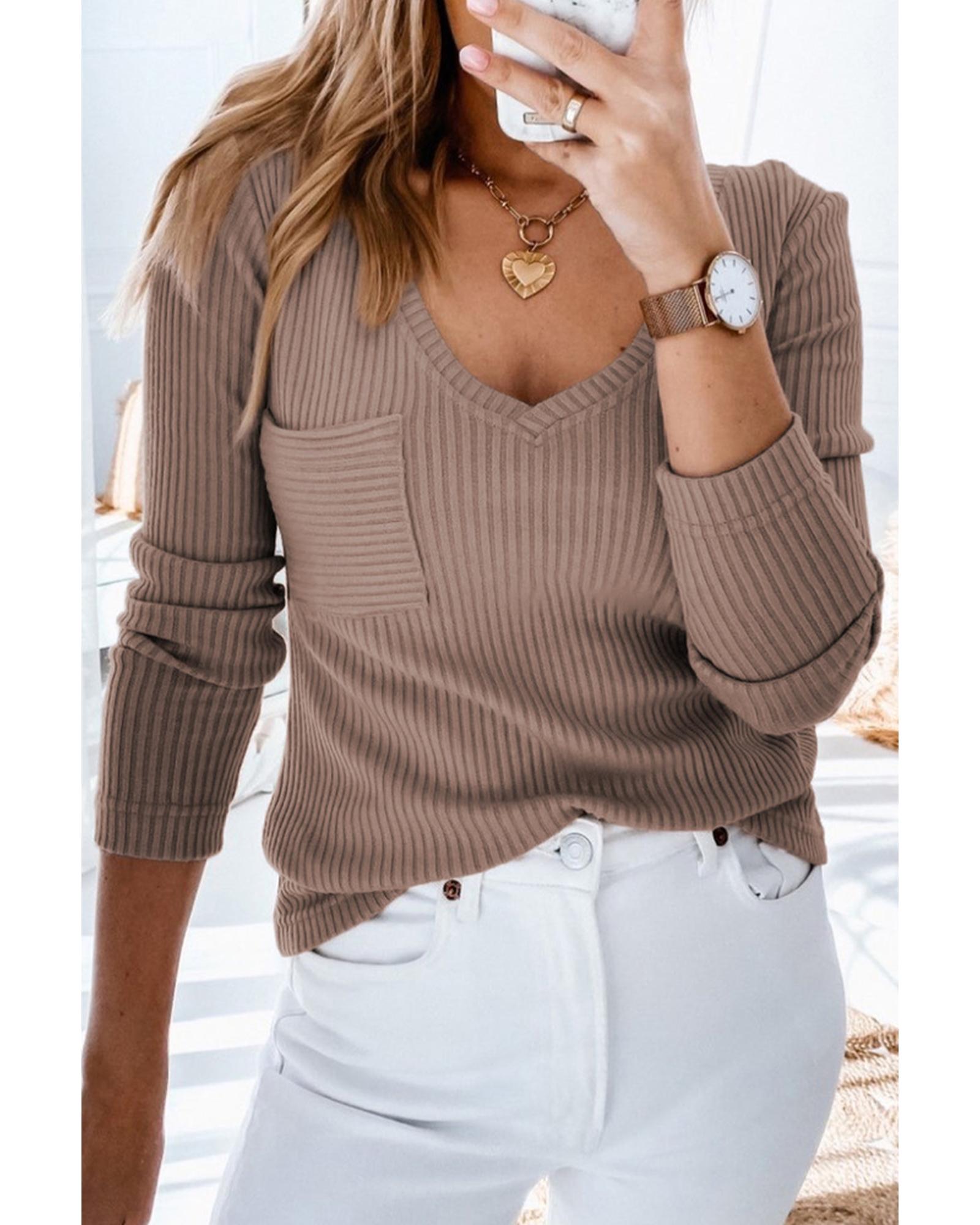 Azura Exchange Ribbed Knit Patched V Neck Top - S Main image
