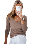 Azura Exchange Ribbed Knit Patched V Neck Top - XL