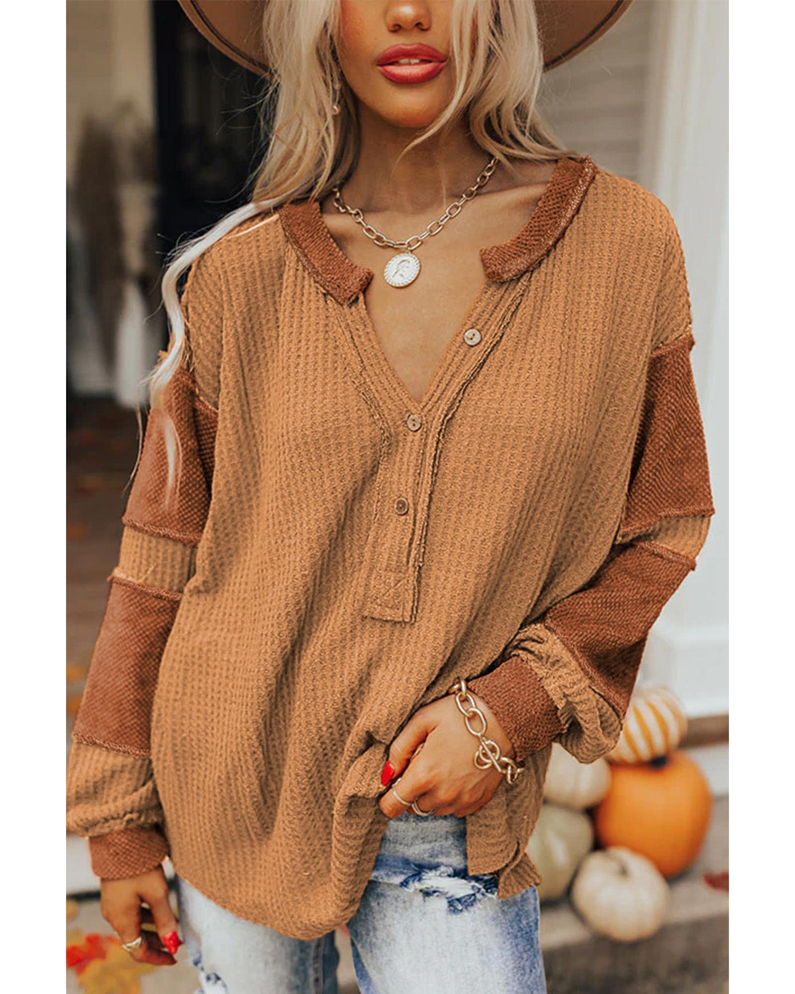 Azura Exchange Contrast Patched Waffle Knit Henley Top - 2XL Main image