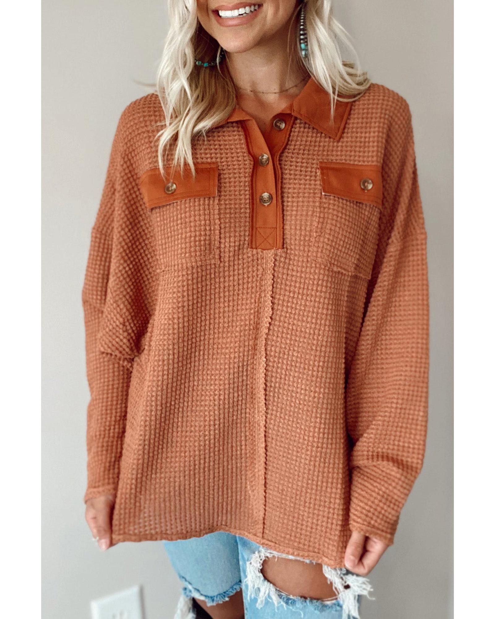 Azura Exchange Button Contrast Trim Waffle Knit Top - M Main image