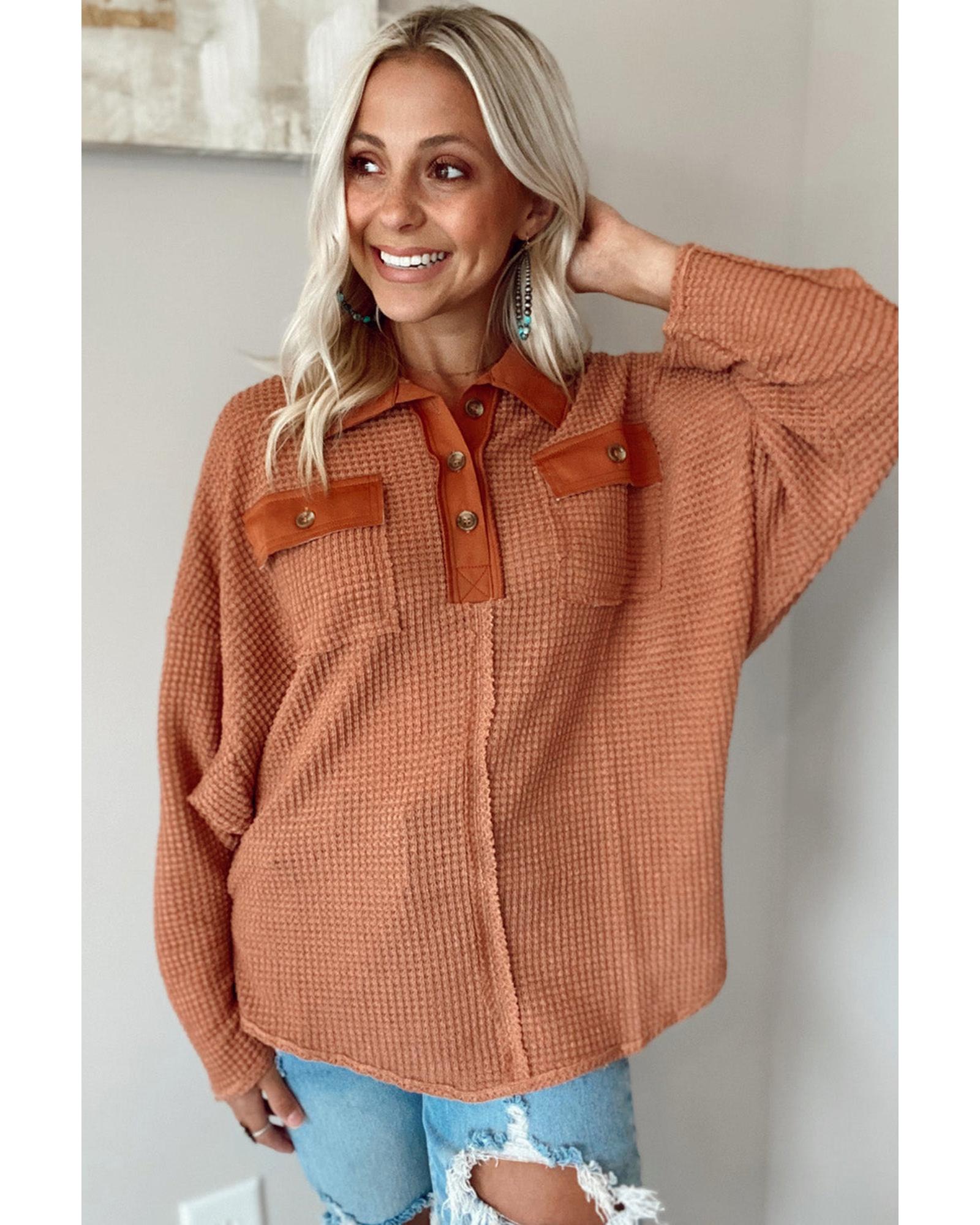 Azura Exchange Button Contrast Trim Waffle Knit Top - S Secondary image
