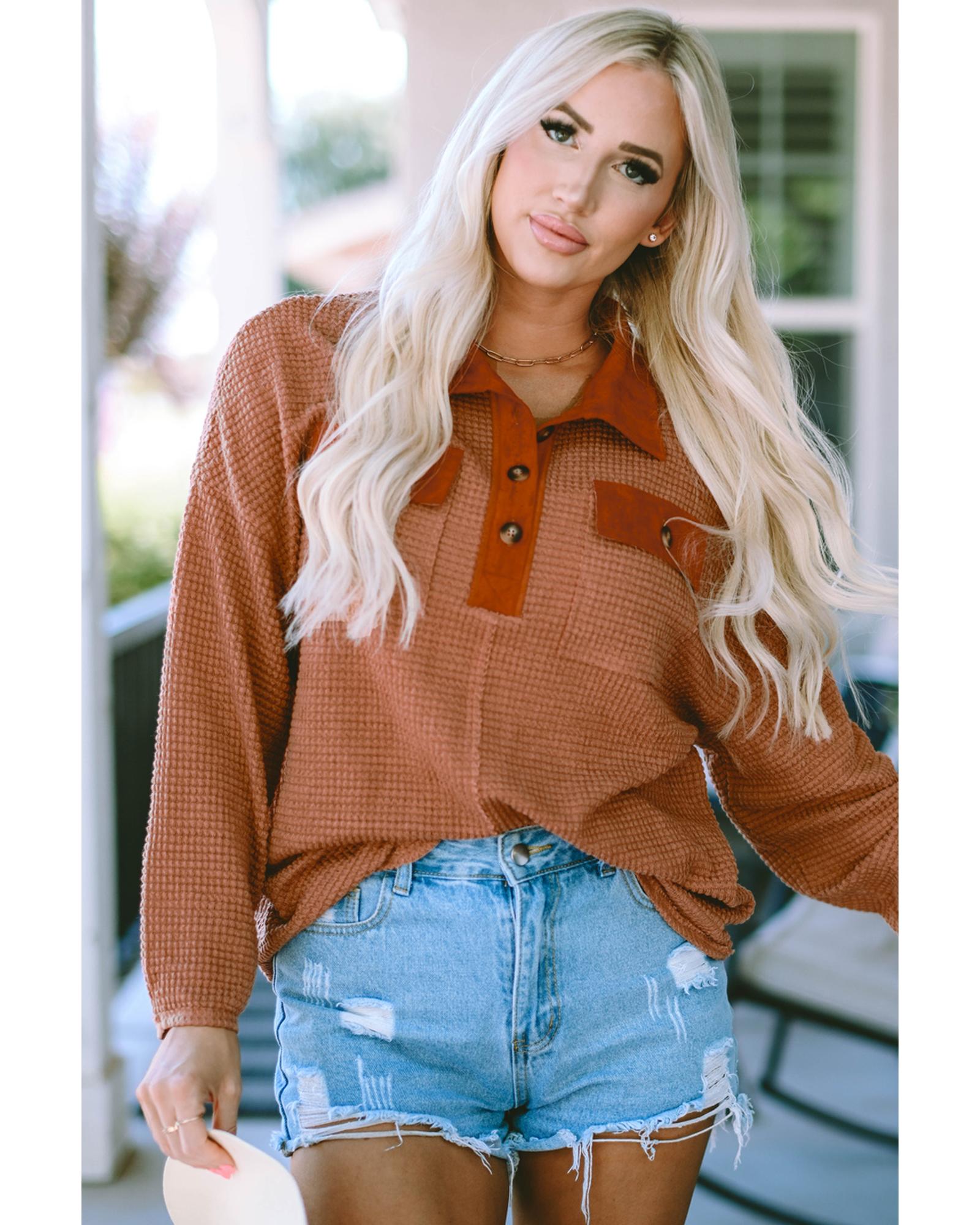 Azura Exchange Button Contrast Trim Waffle Knit Top - S