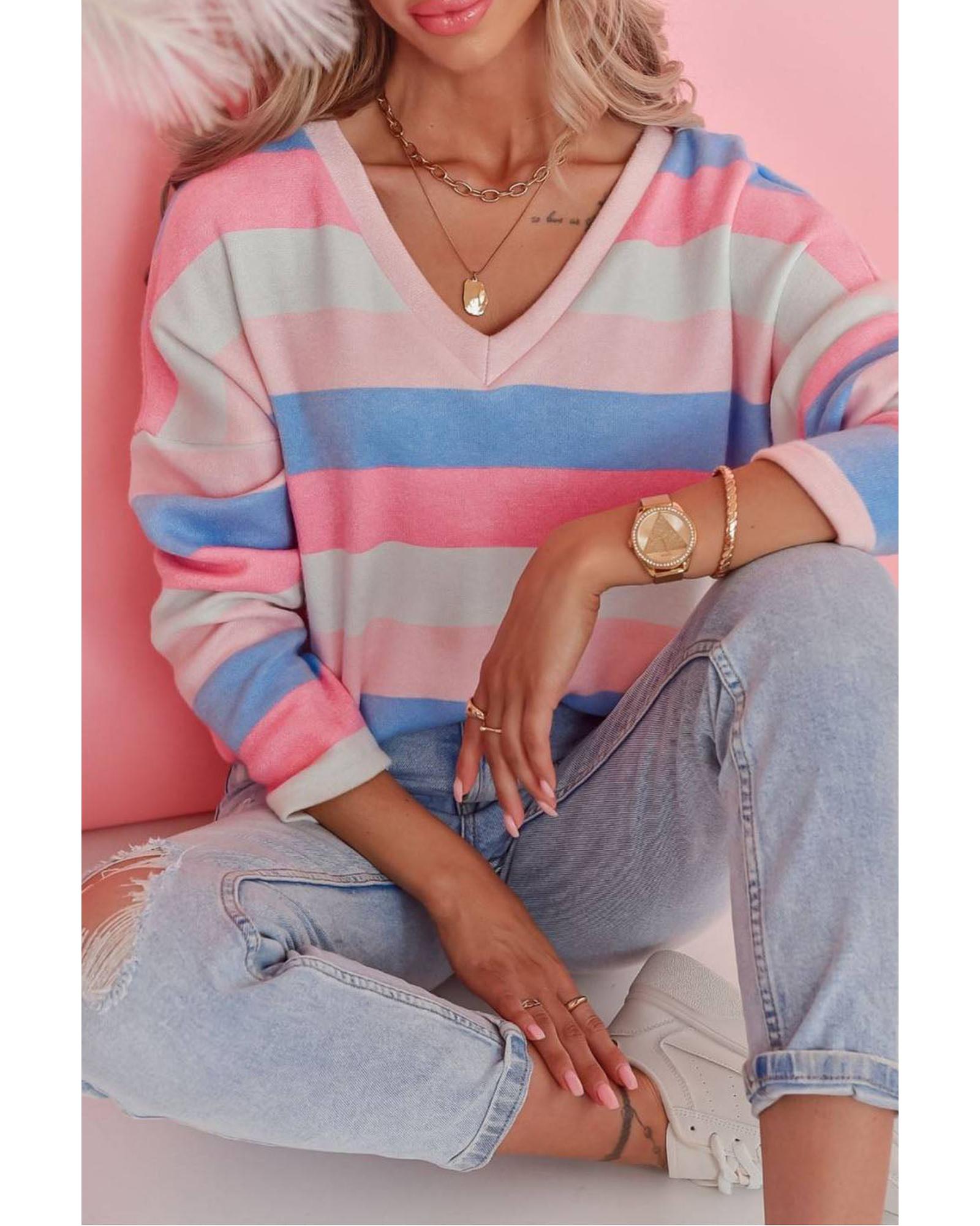 Azura Exchange Striped V Neck Long Sleeve Top - S Secondary image