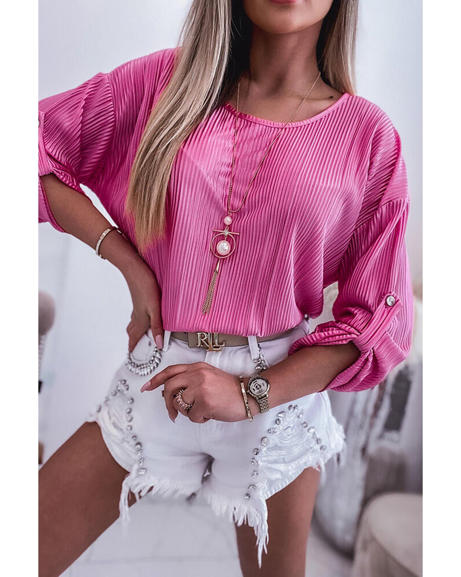 Azura Exchange Pleated Texture Roll Tab Sleeve Blouse - L Main image