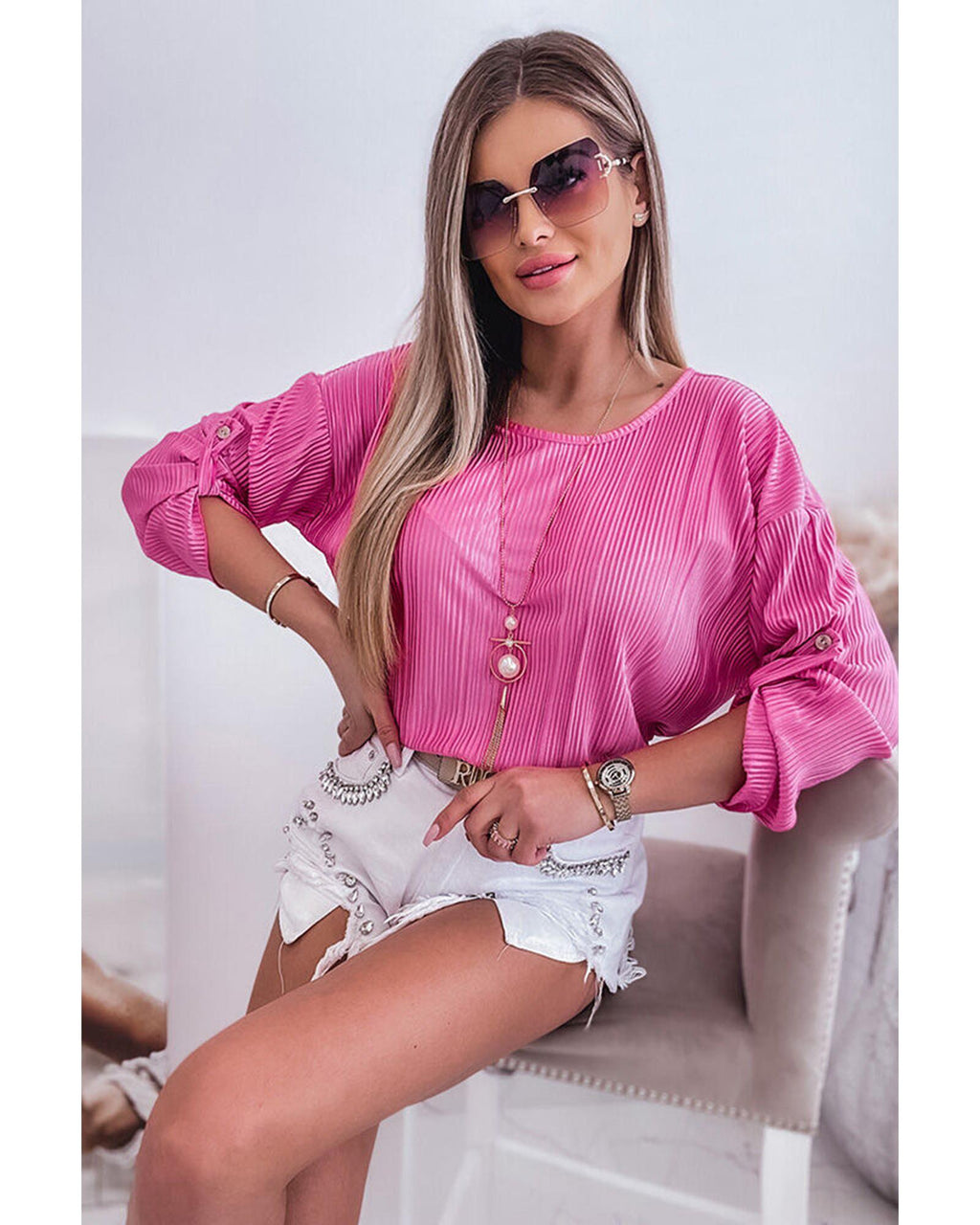 Azura Exchange Pleated Texture Roll Tab Sleeve Blouse - XL