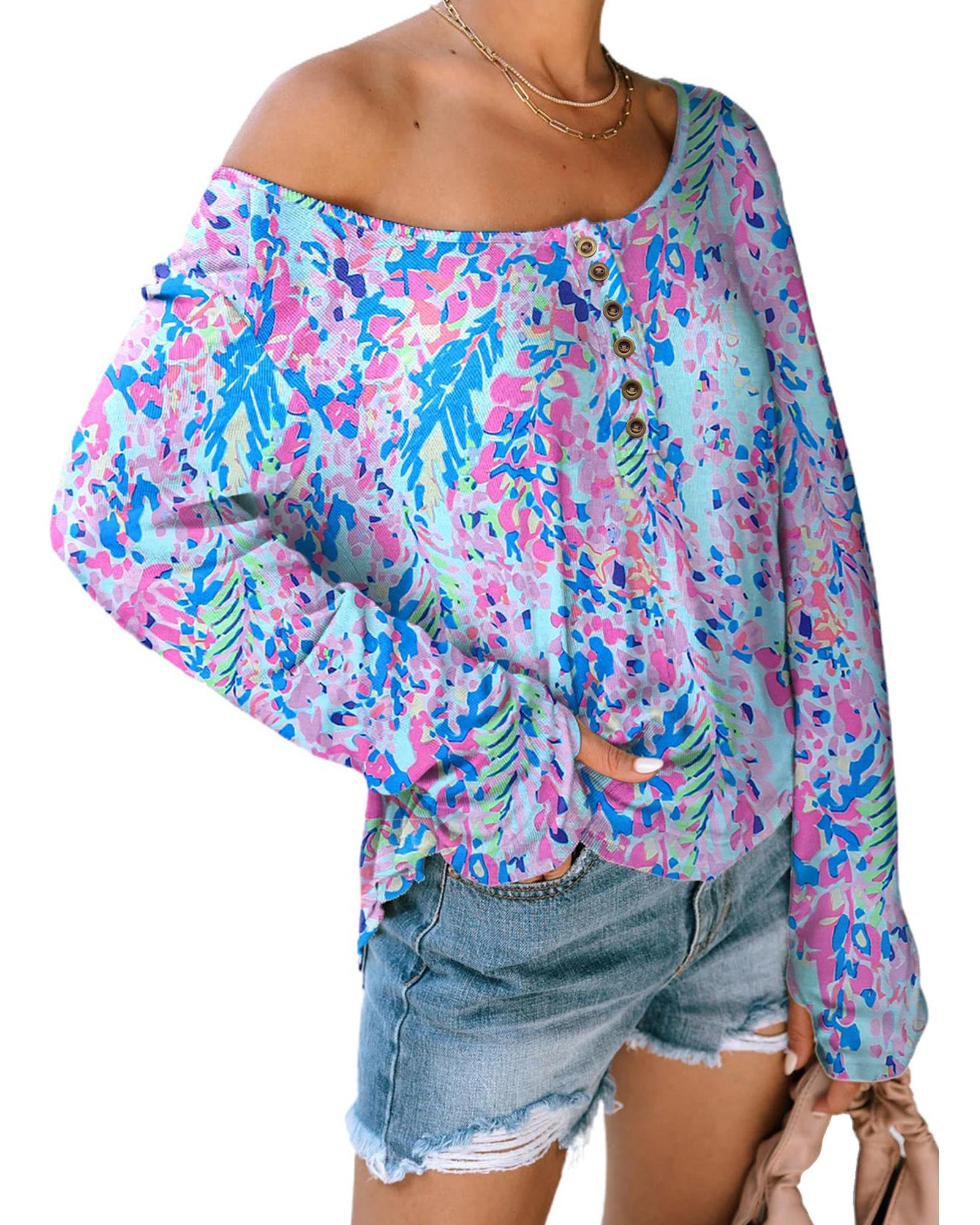 Azura Exchange Printed Wide Neck Thumbhole Sleeve Henley Top - L Secondary image