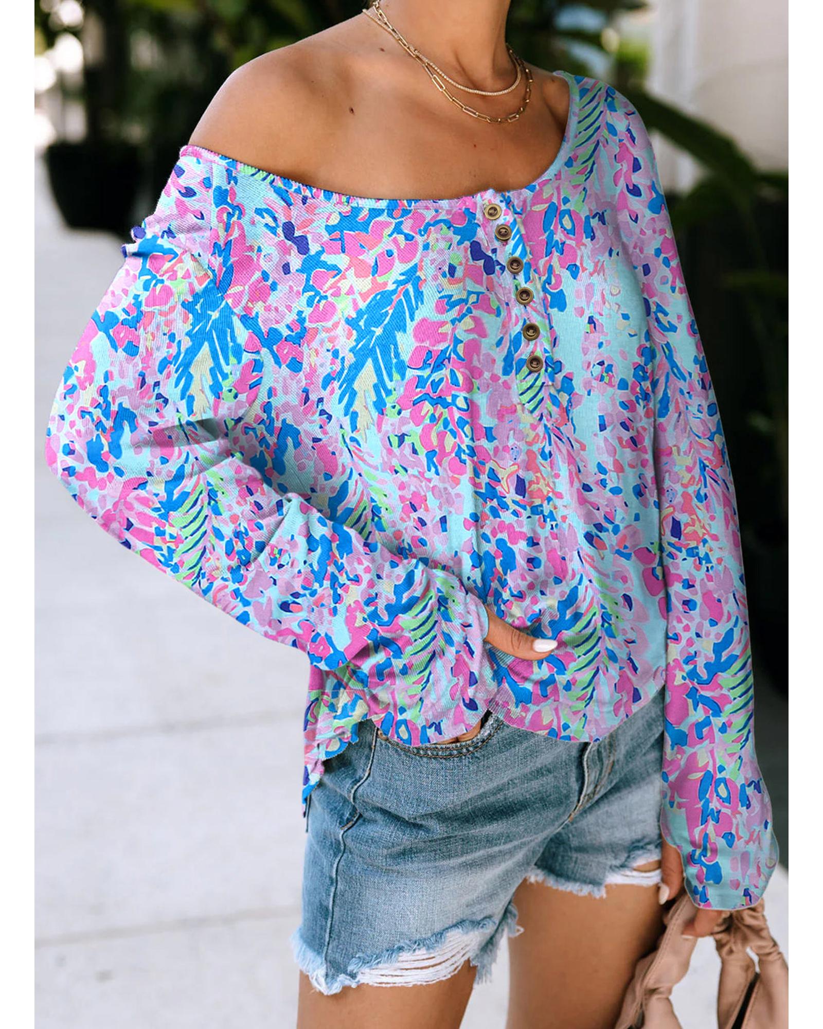 Azura Exchange Printed Wide Neck Thumbhole Sleeve Henley Top - M Main image