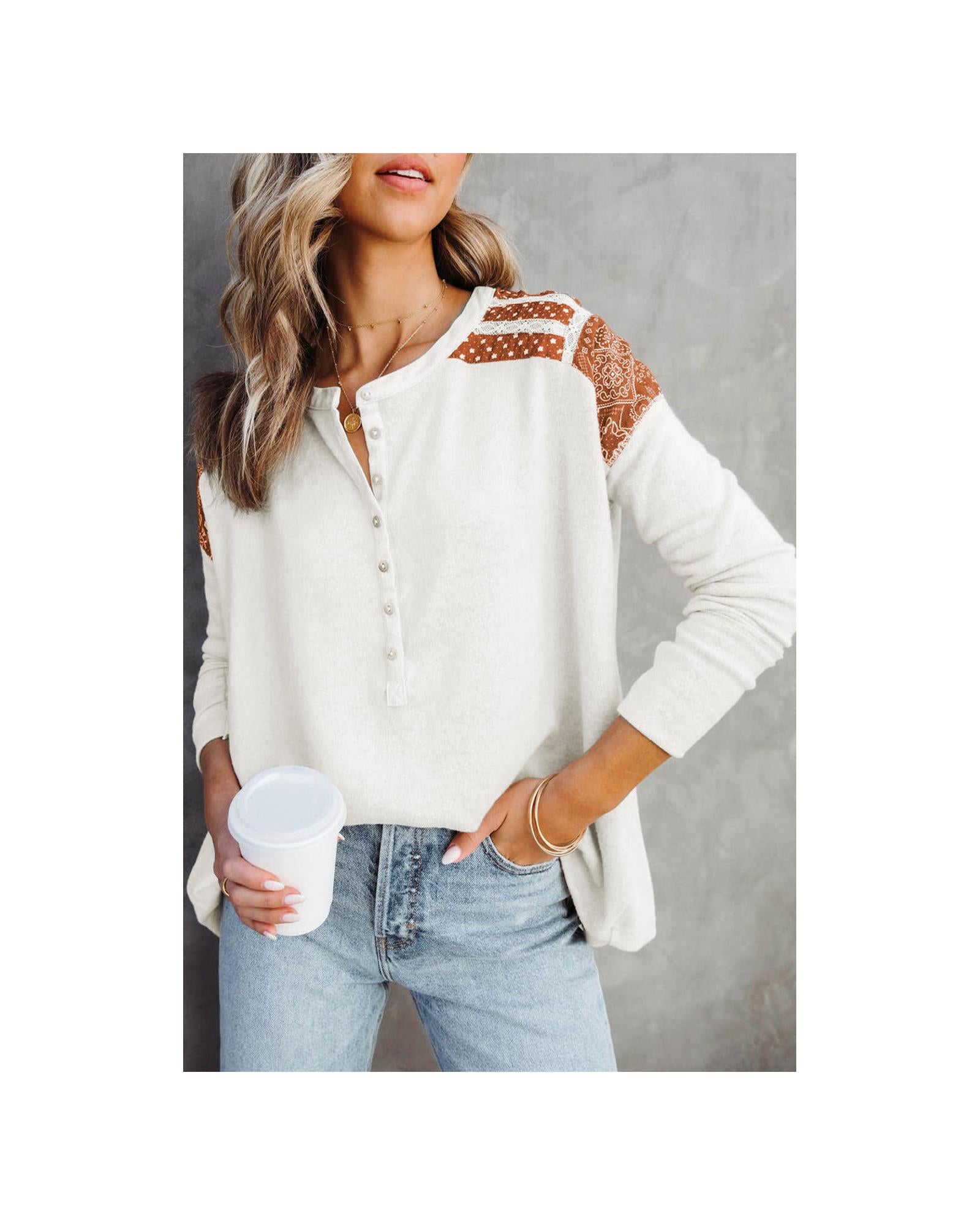 Azura Exchange Contrast Crochet Lace Henley Top - M Main image