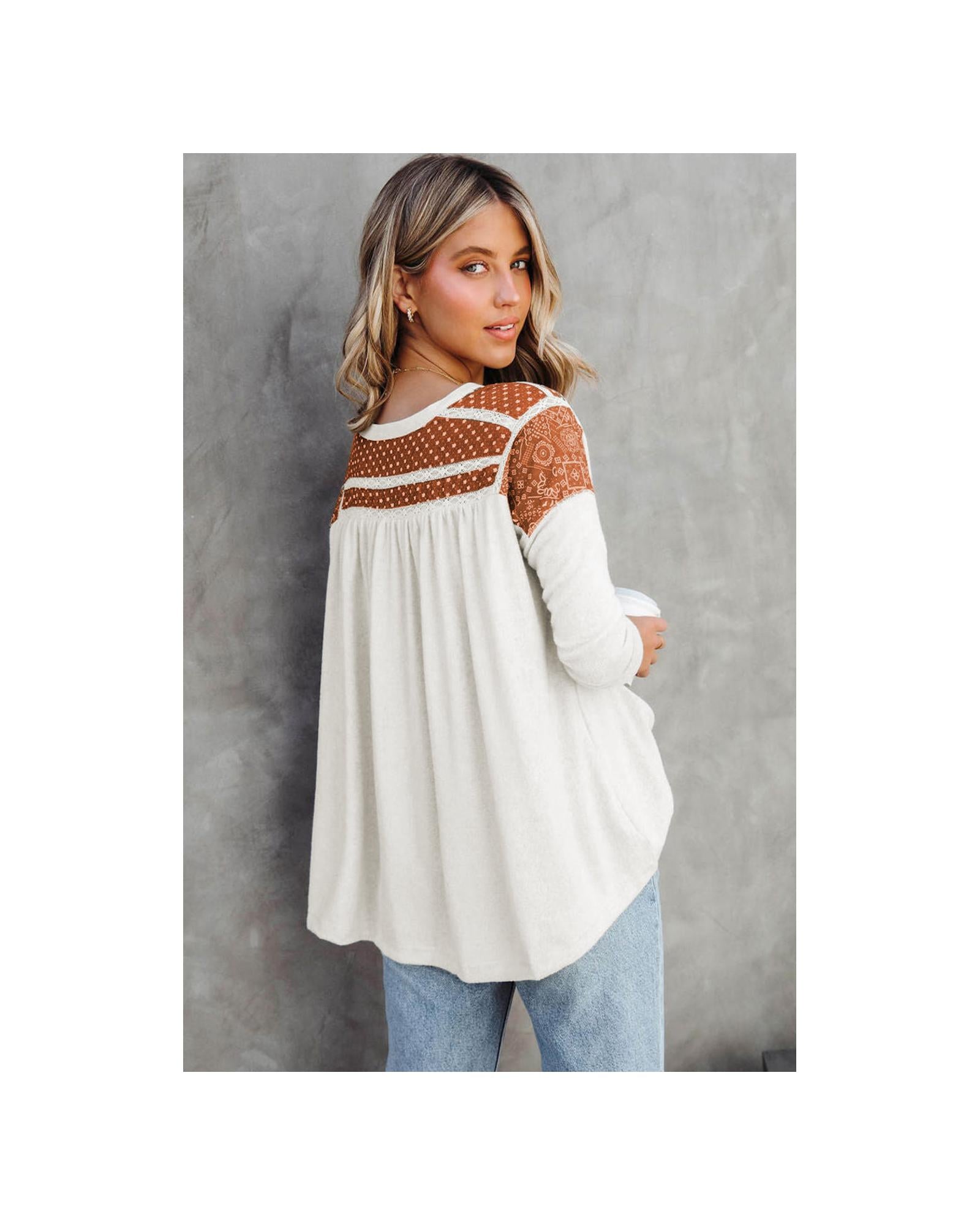 Azura Exchange Contrast Crochet Lace Henley Top - M Secondary image