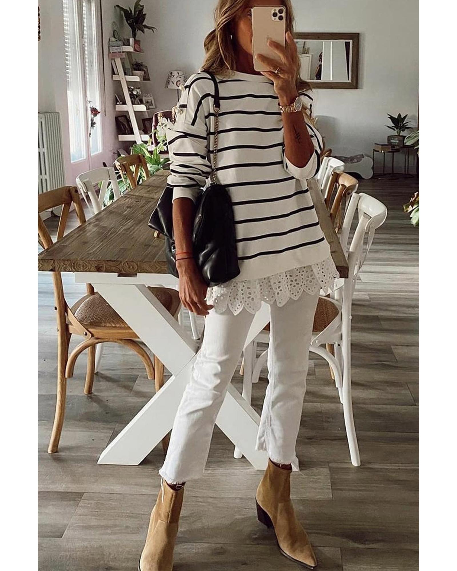 Azura Exchange Striped Button Dropped Shoulder Lace Splicing Top - L Secondary image