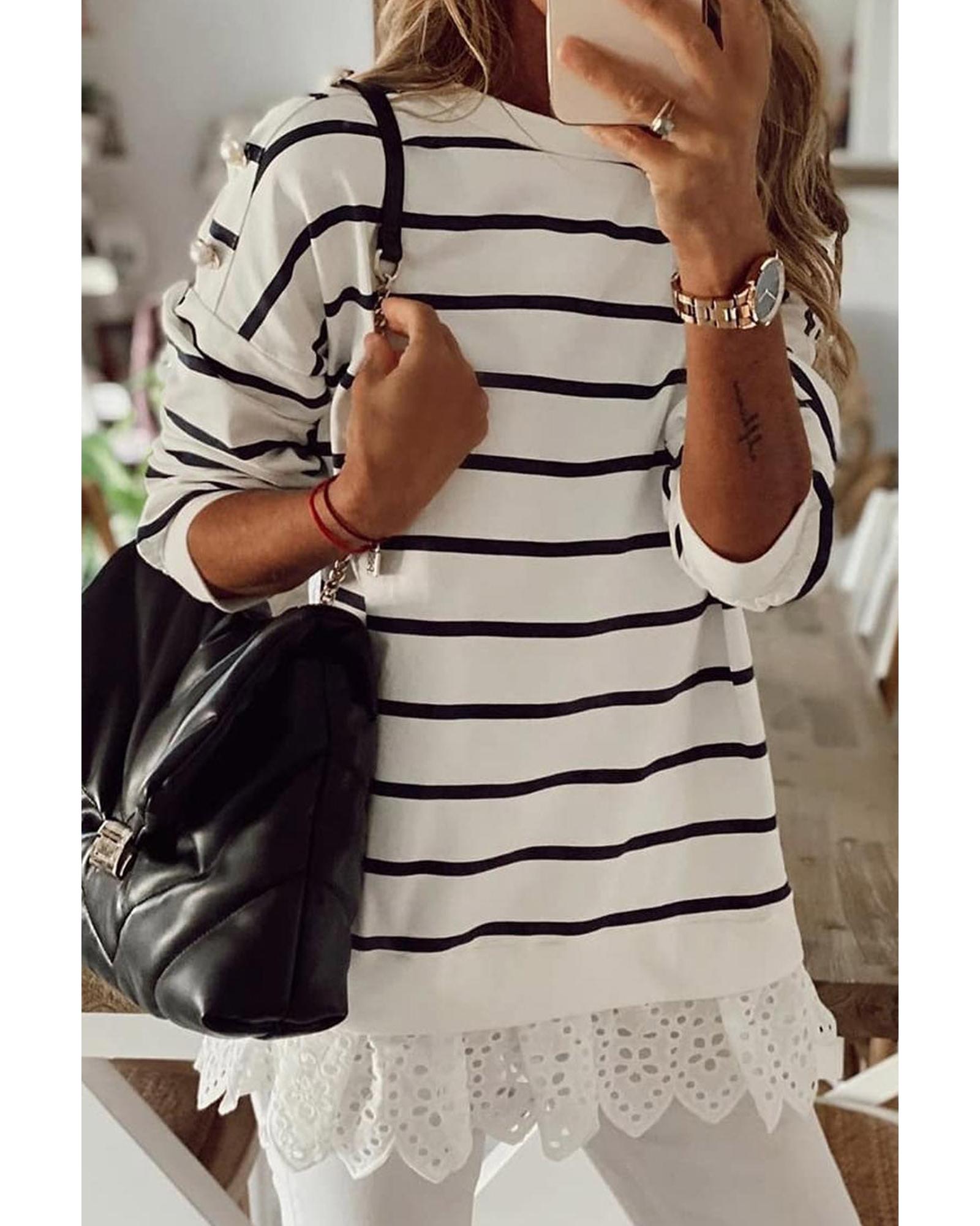 Azura Exchange Striped Button Dropped Shoulder Lace Splicing Top - M Main image