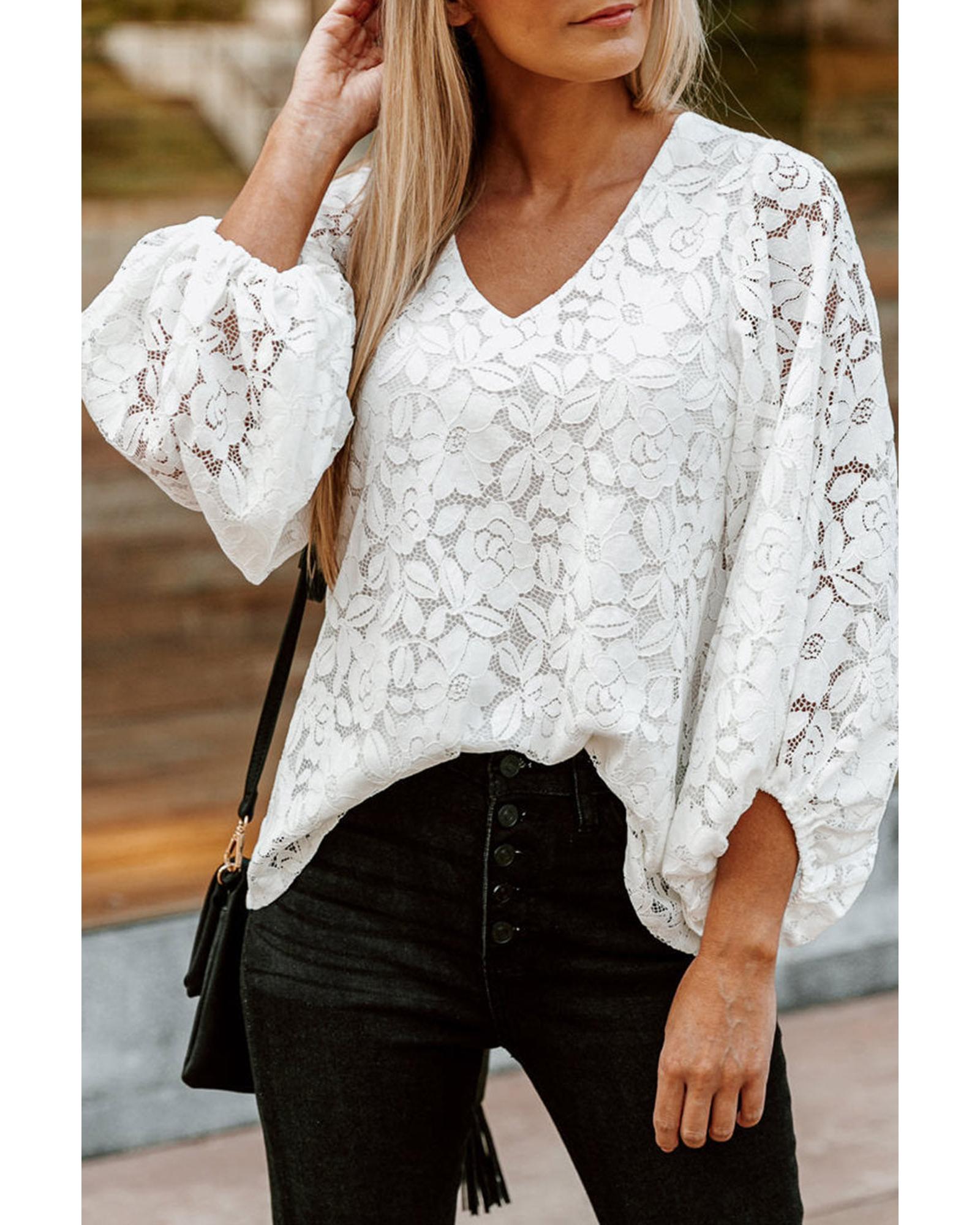 Azura Exchange Floral Lace Crochet V Neck Top - M Main image