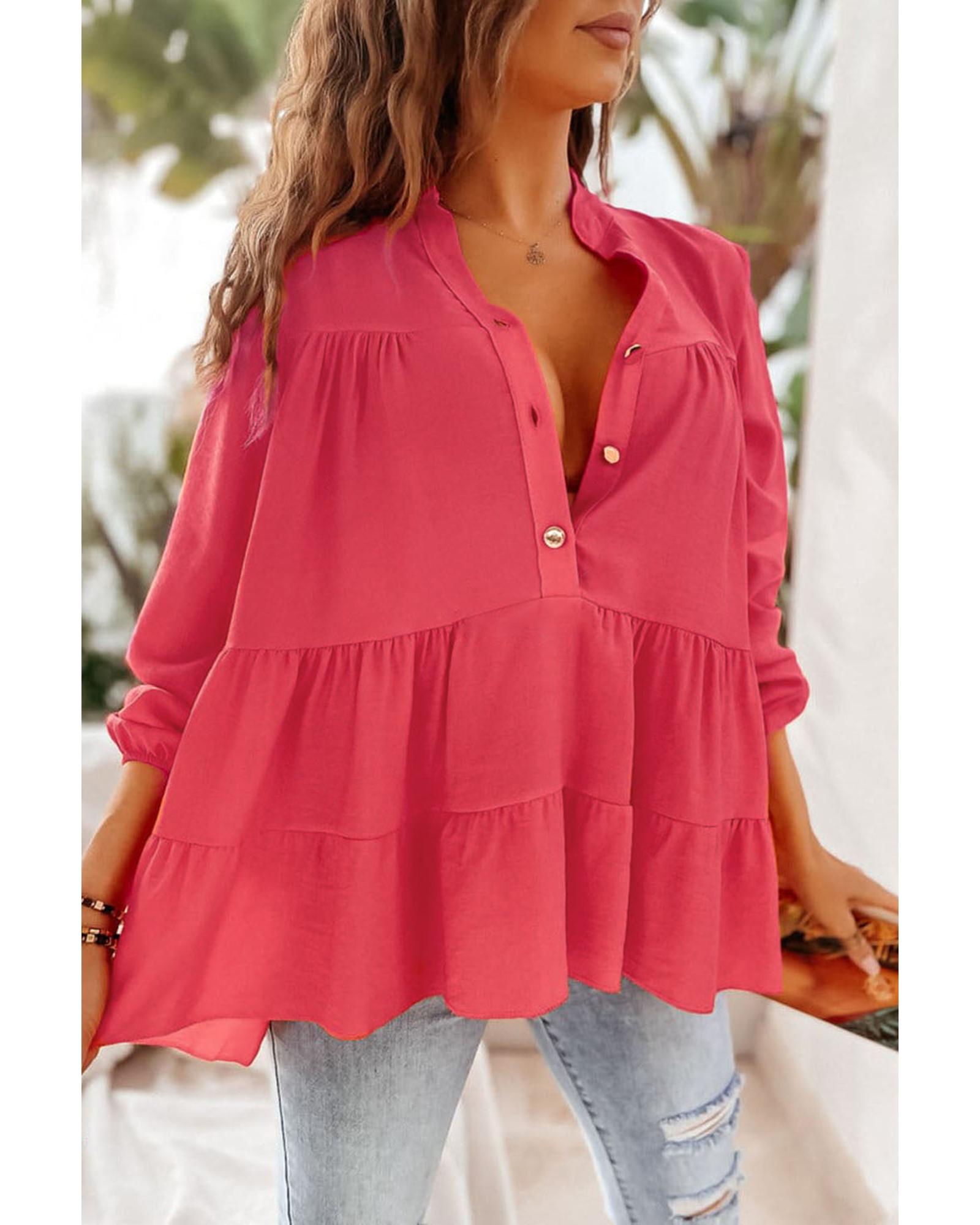Azura Exchange Half Buttoned Ruffle Tiered Long Sleeve Blouse - L Main image