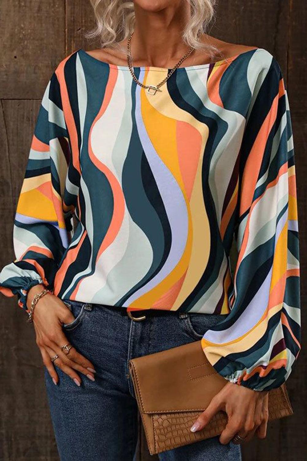 Azura Exchange Wavy Striped Boat Neck Puff Sleeve Blouse - M Main image