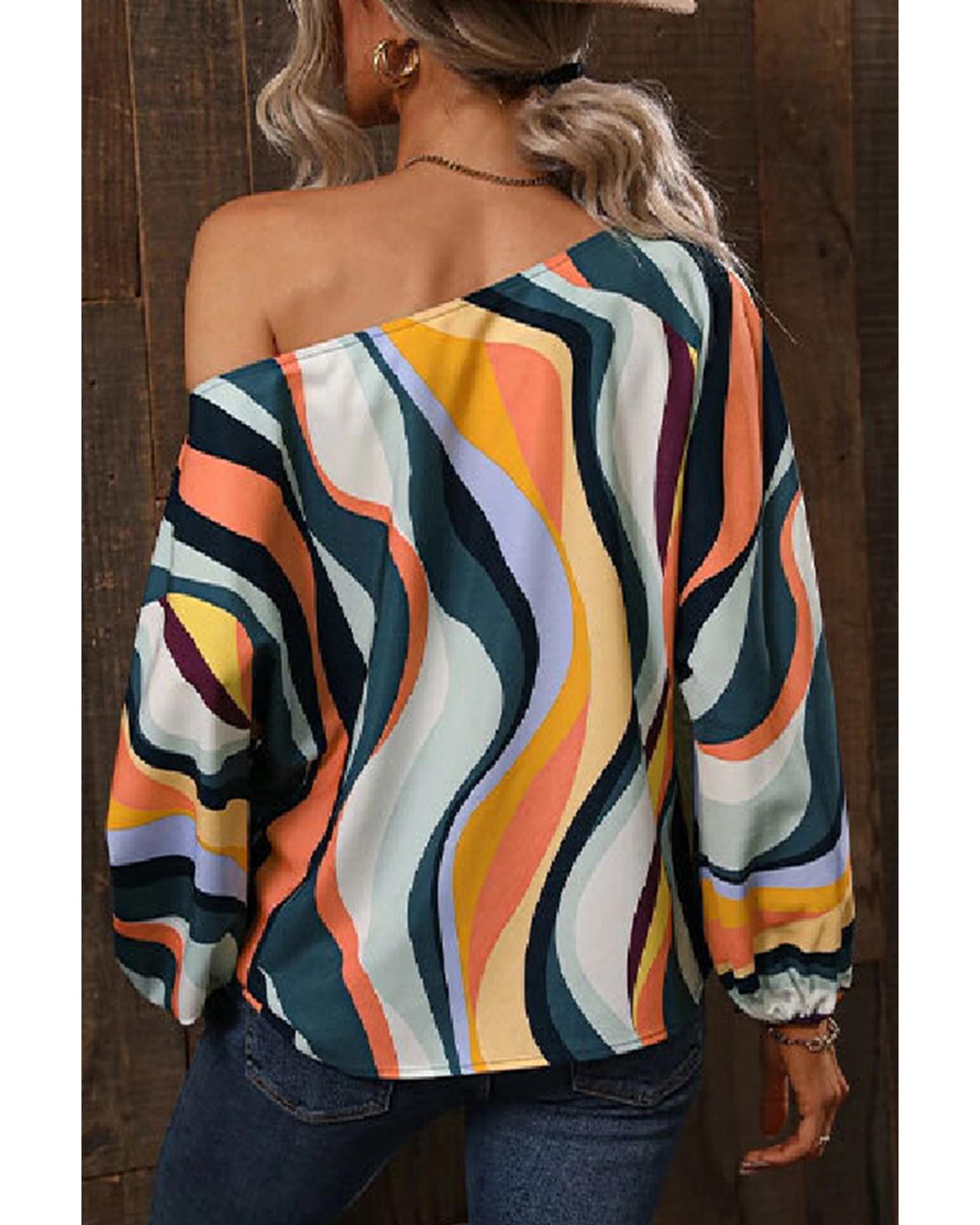 Azura Exchange Wavy Striped Boat Neck Puff Sleeve Blouse - M Secondary image