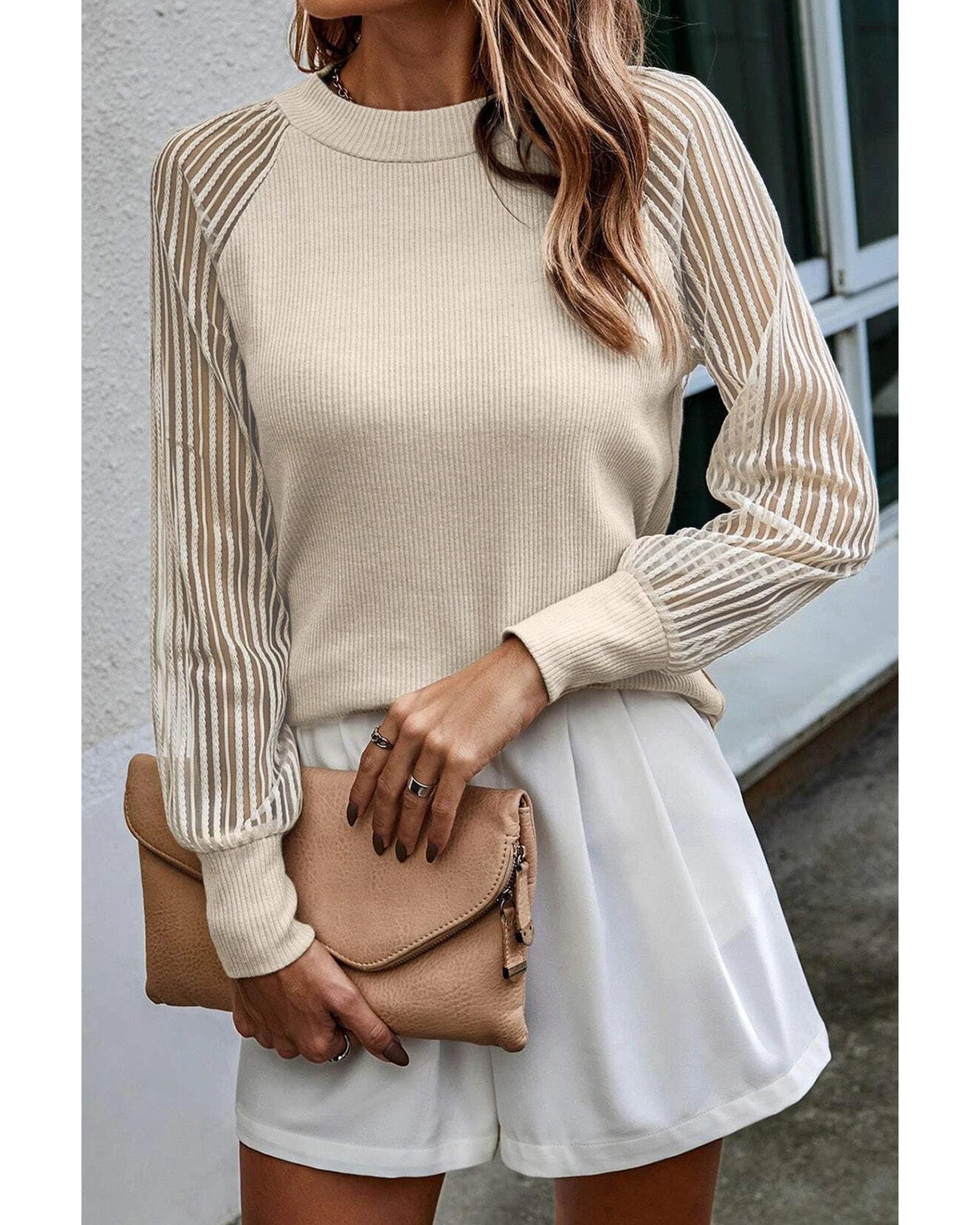 Azura Exchange Striped Mesh Long Sleeve Ribbed Top - XL Main image