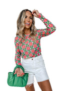 Azura Exchange Retro Floral Print Stretchy Long Sleeve Top - L