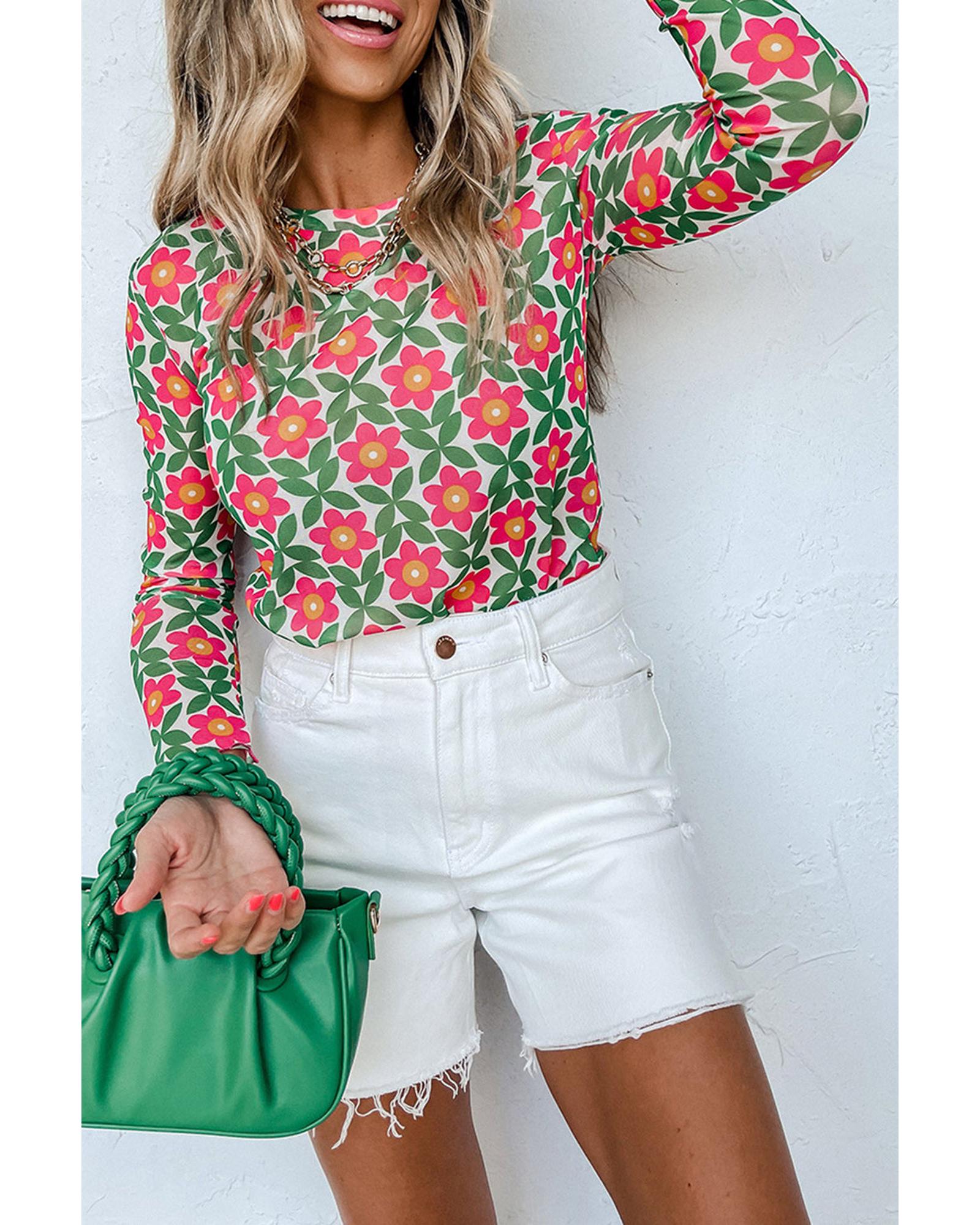 Azura Exchange Retro Floral Print Stretchy Long Sleeve Top - S Main image
