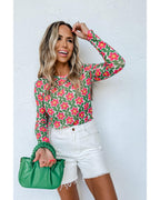Azura Exchange Retro Floral Print Stretchy Long Sleeve Top - S