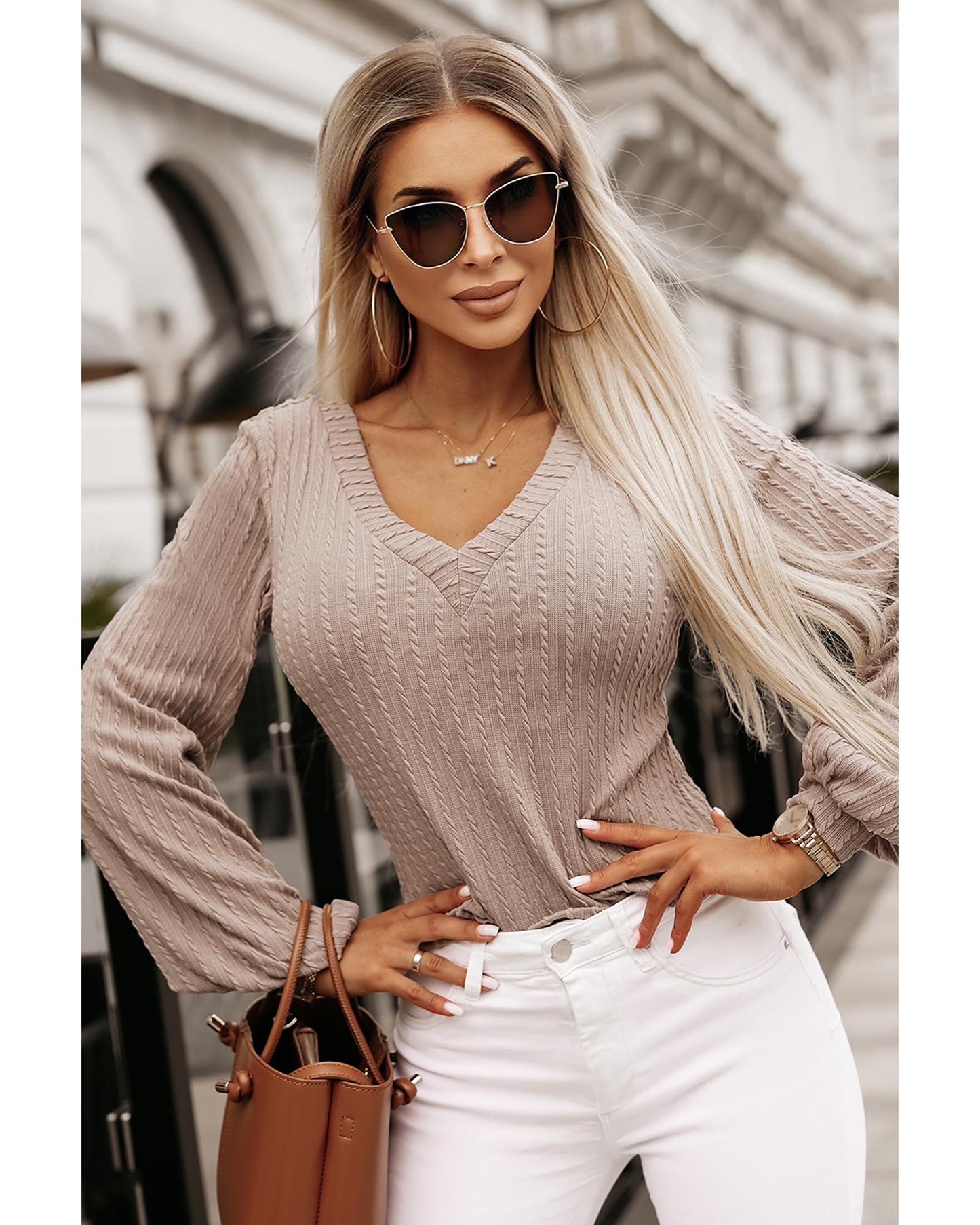 Azura Exchange Knitted Jacquard V Neck Lantern Sleeve Top - M