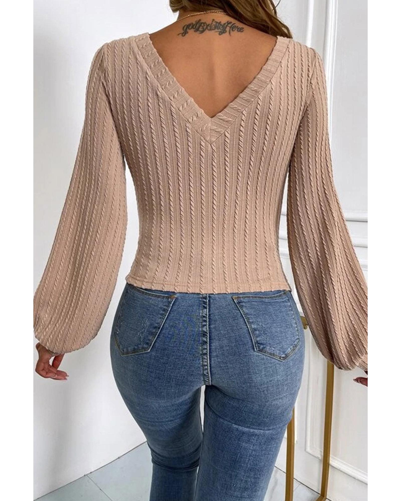 Azura Exchange Knitted Jacquard V Neck Lantern Sleeve Top - S Secondary image