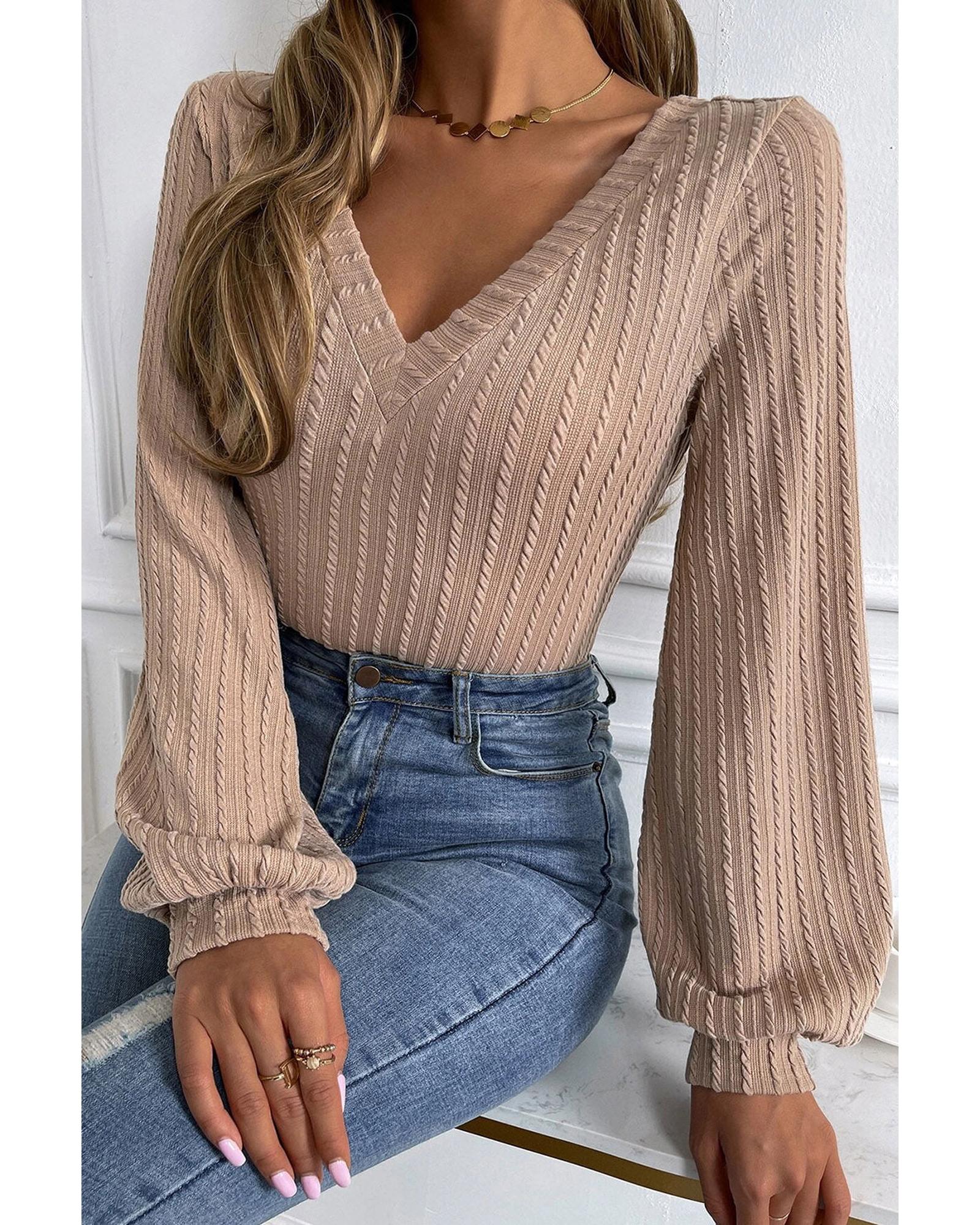 Azura Exchange Knitted Jacquard V Neck Lantern Sleeve Top - XL Main image