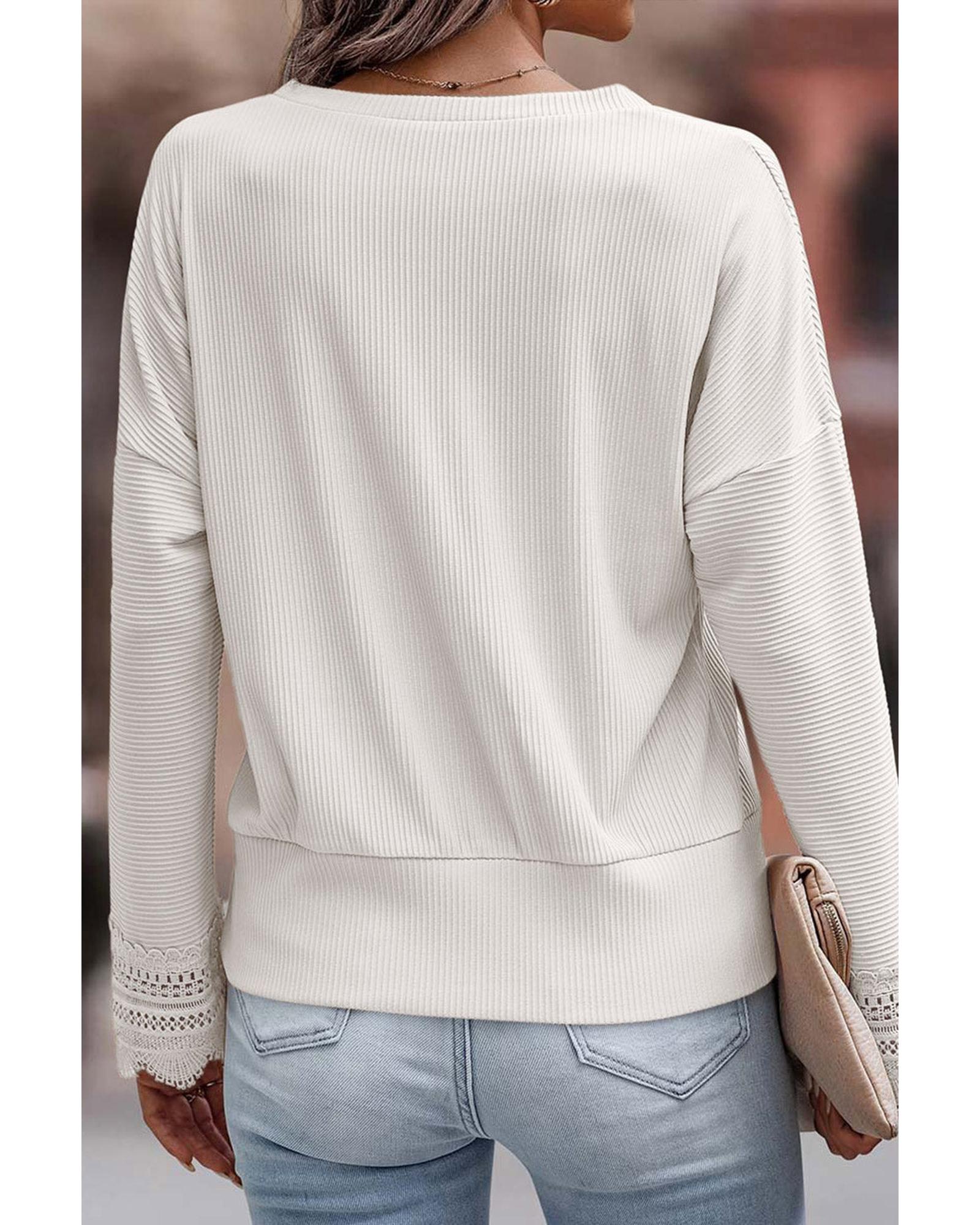 Azura Exchange White Ribbed Texture Lace Trim V Neck Top - M Secondary image
