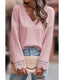 Azura Exchange Ribbed Texture Lace Trim V Neck Long Sleeve Top - M