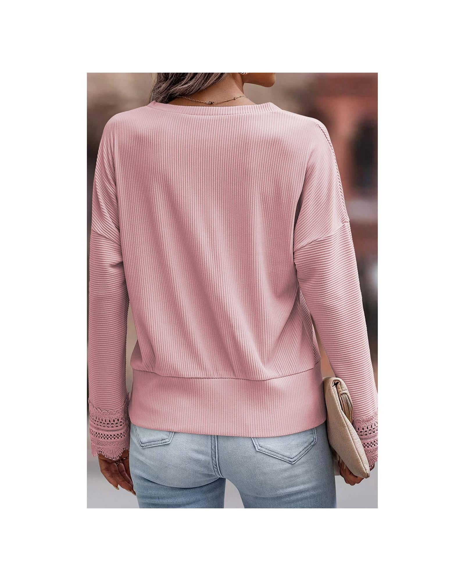 Azura Exchange Ribbed Texture Lace Trim V Neck Long Sleeve Top - S Secondary image