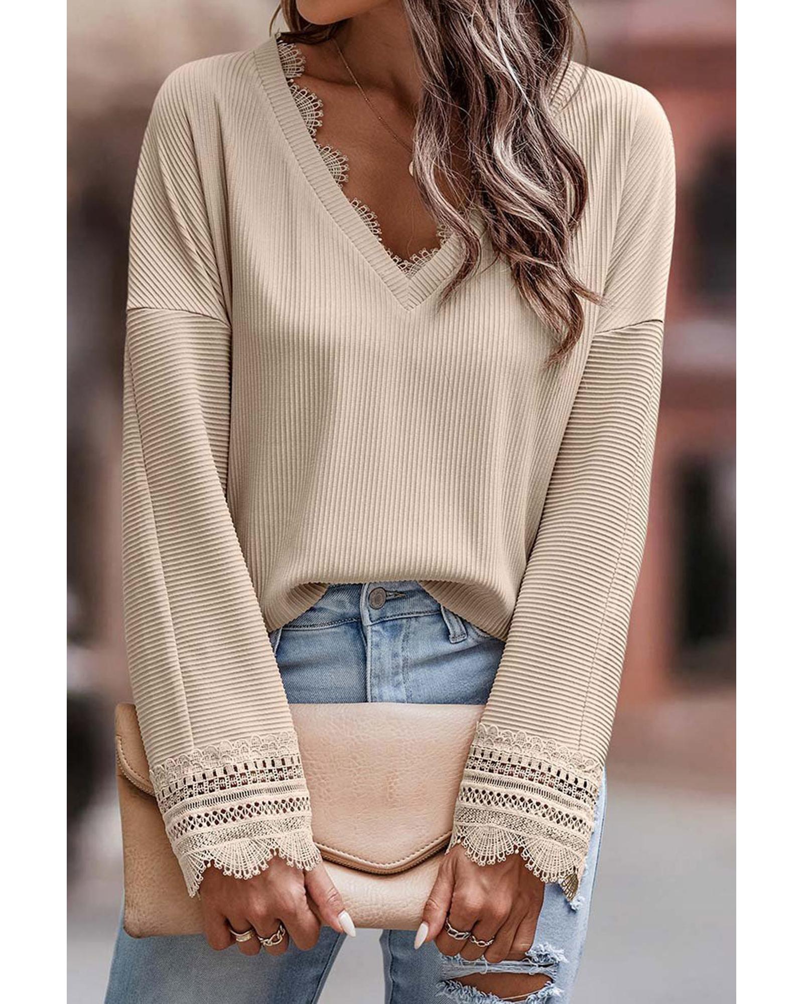 Azura Exchange Lace Trim V Neck Long Sleeve Top - 2XL Main image