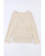 Azura Exchange Lace Trim V Neck Long Sleeve Top - L