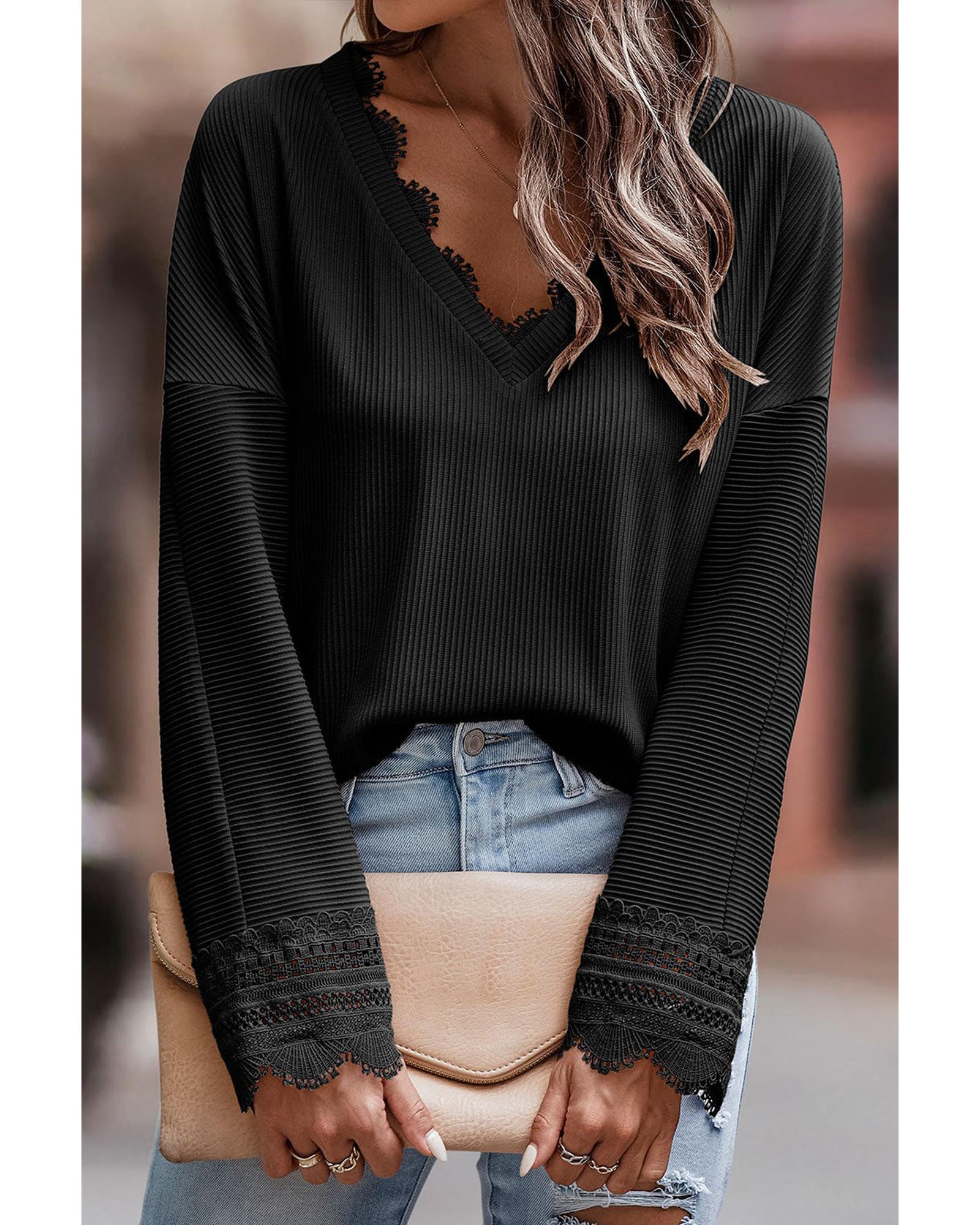 Azura Exchange Ribbed Texture Lace Trim V Neck Long Sleeve Top - L Main image