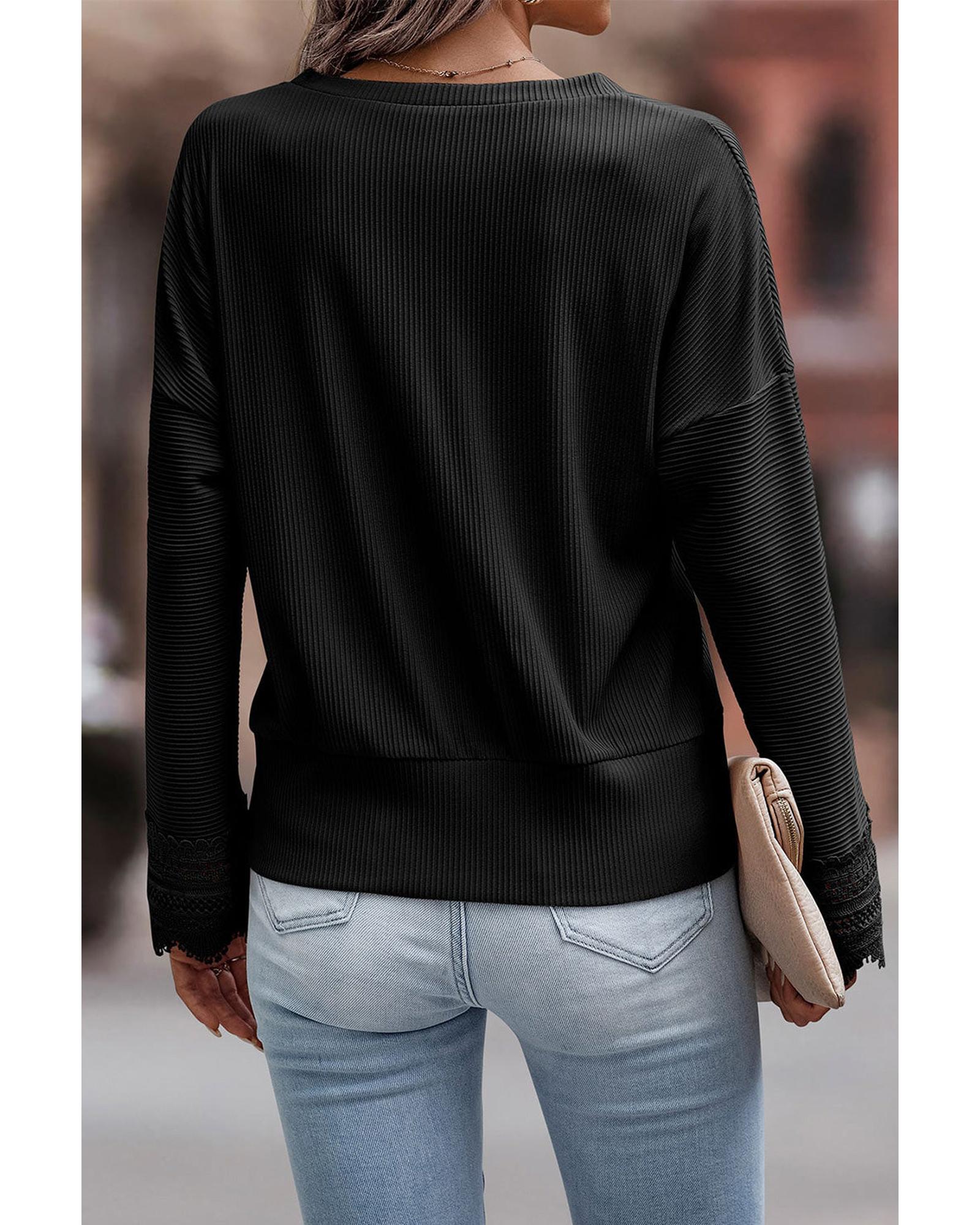 Azura Exchange Ribbed Texture Lace Trim V Neck Long Sleeve Top - L Secondary image