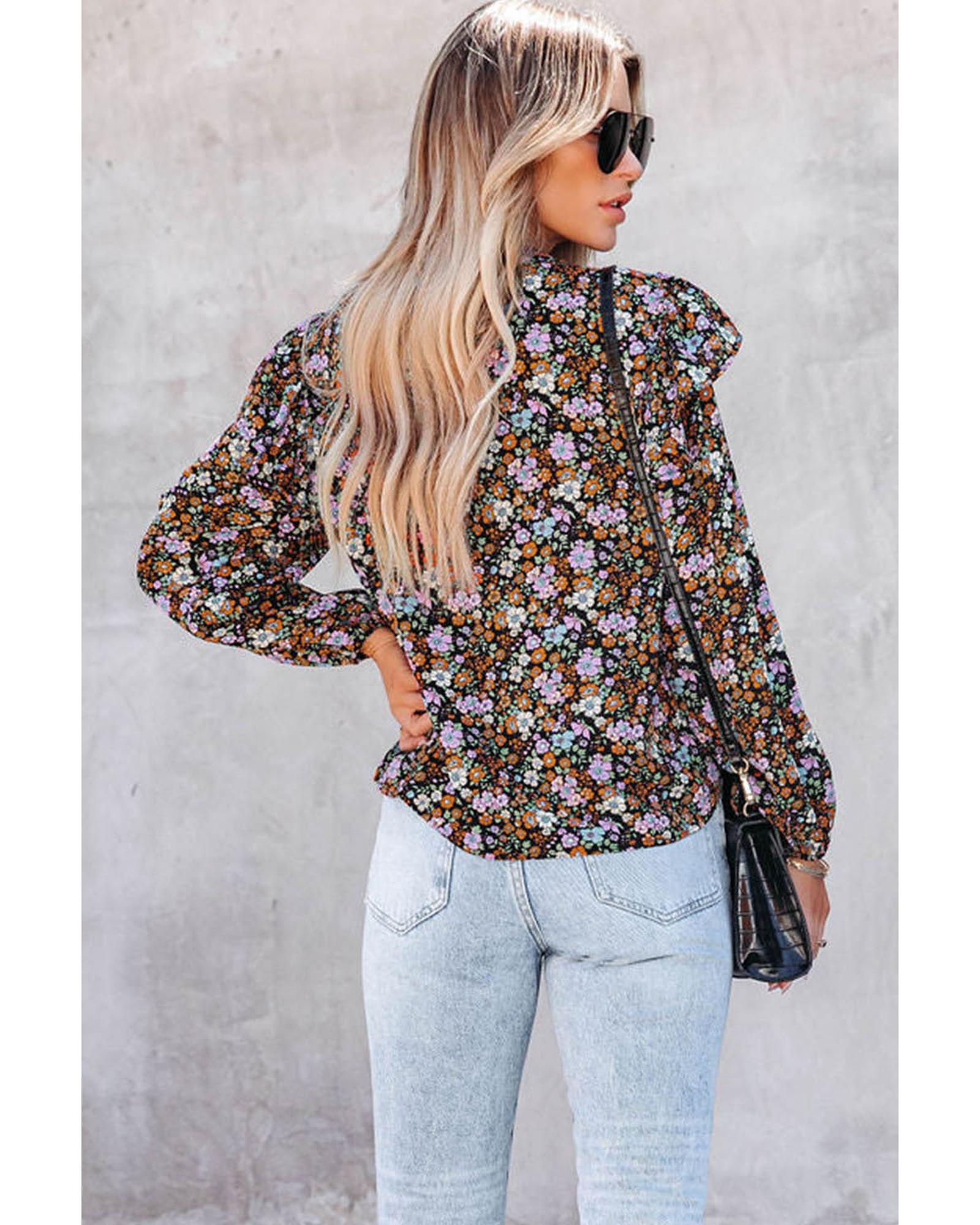 Azura Exchange Floral Print Ruffled Bubble Sleeve Shirt - M Secondary image