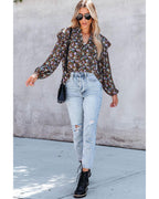 Azura Exchange Floral Print Ruffled Bubble Sleeve Shirt - M