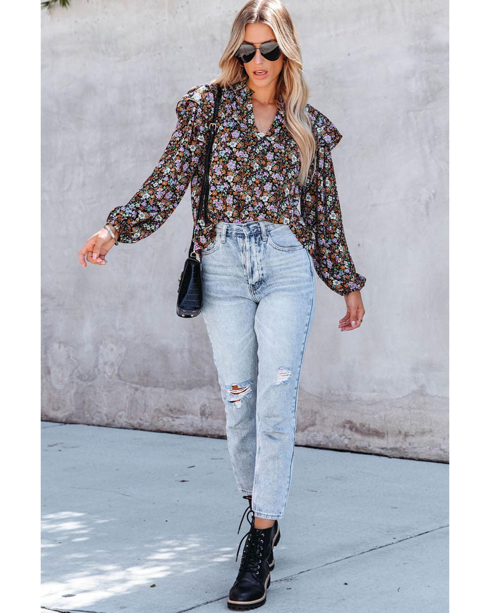 Azura Exchange Floral Print Ruffled Bubble Sleeve Shirt - M